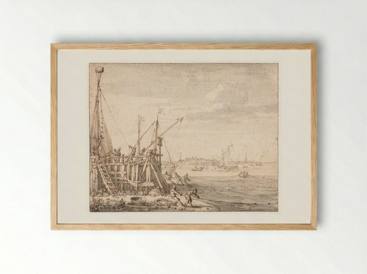 Harbour Pier with Fishermen Hauling Nets - Cornelis Claesz van Wieringen - Framed Print Wood