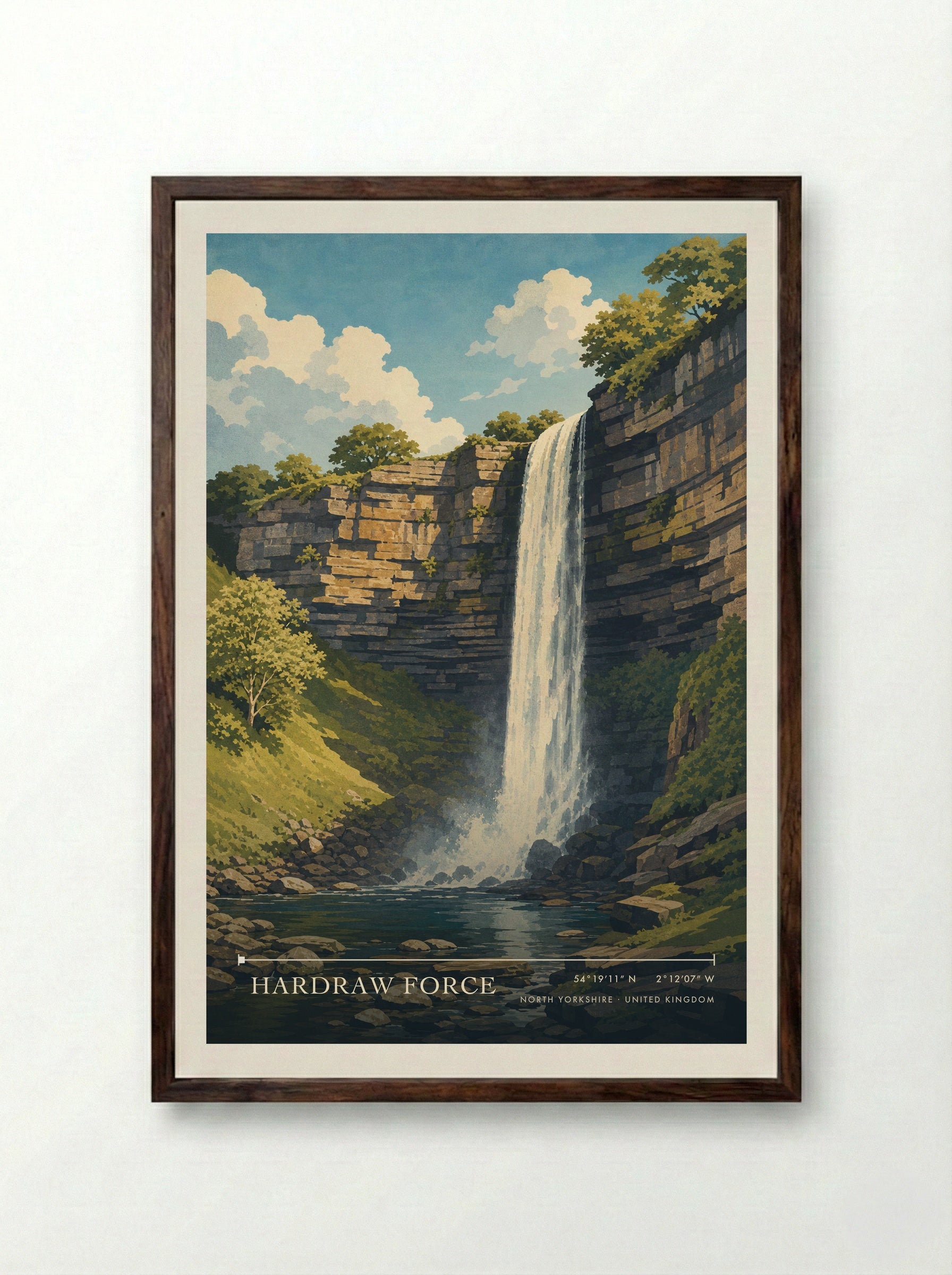 Hardraw Force North Yorkshire United Kingdom Travel Poster - Framed Print Dark Wood