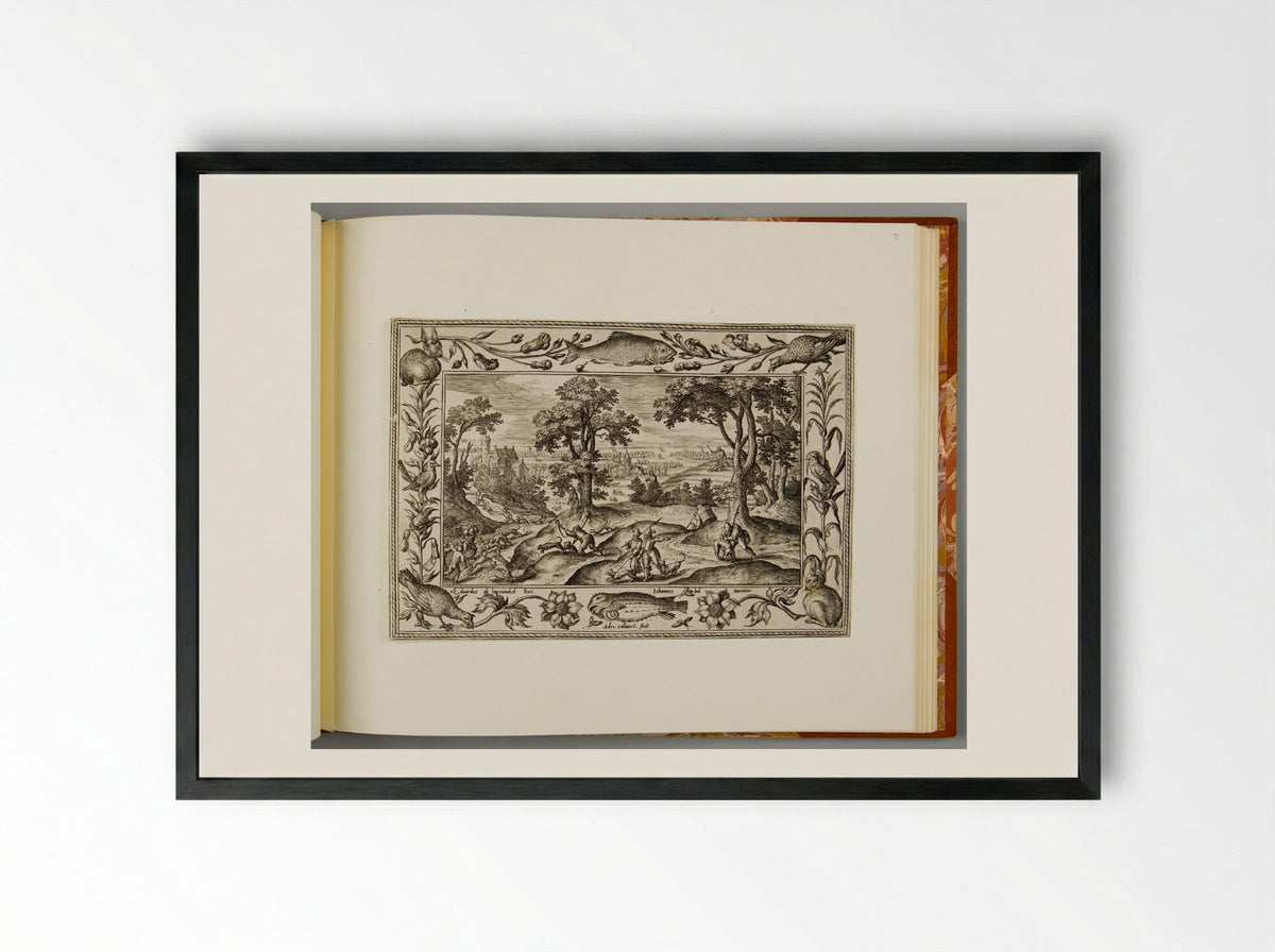 Hare Hunt, with Fish, Rabbit, and Turkey - Adriaen Collaert - Framed Print Black