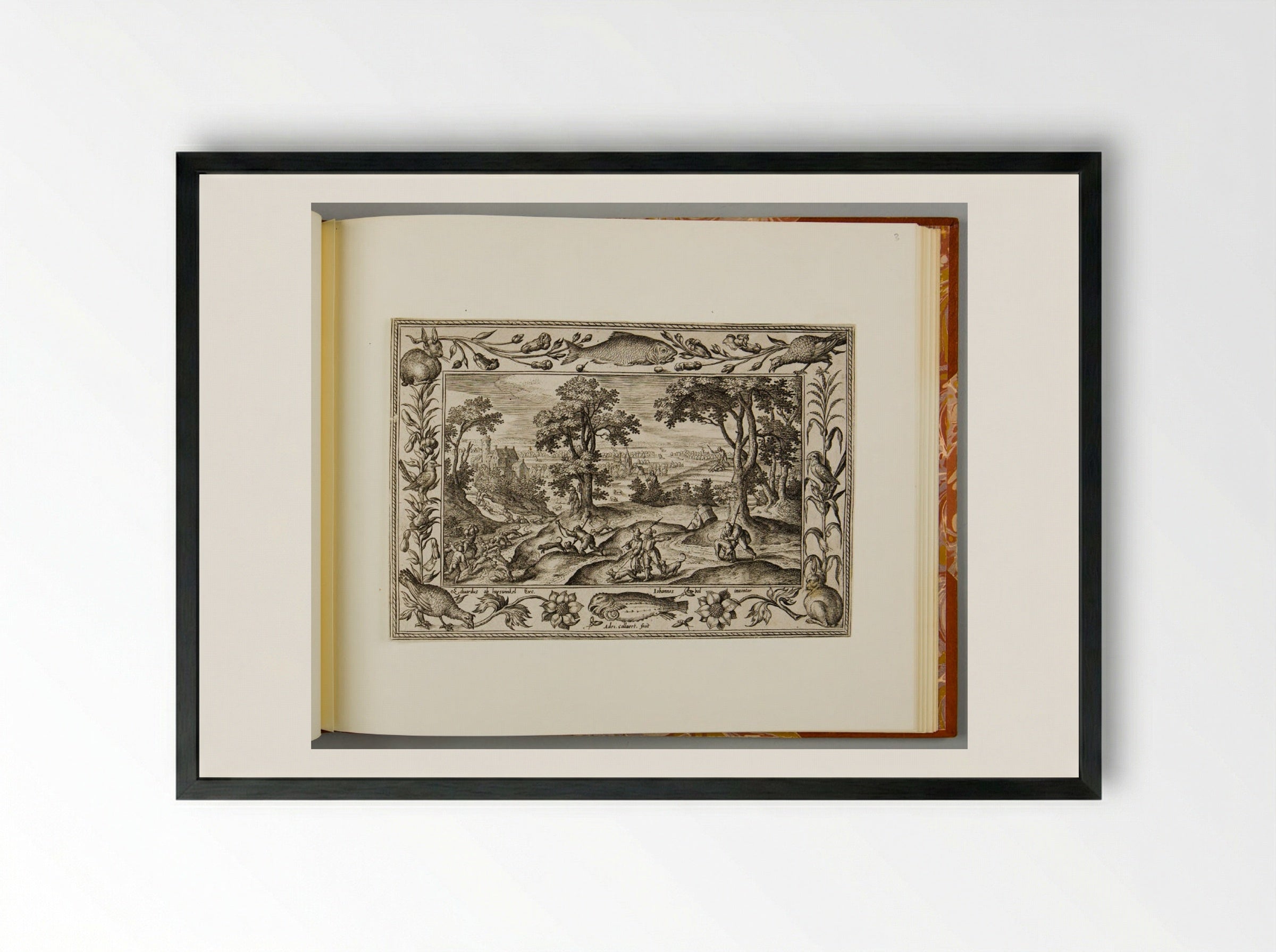 Hare Hunt, with Fish, Rabbit, and Turkey - Adriaen Collaert - Framed Print Black