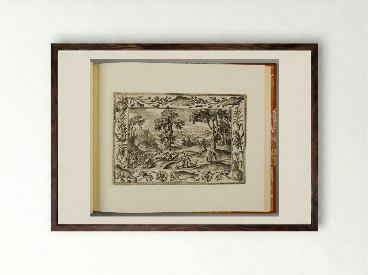Hare Hunt, with Fish, Rabbit, and Turkey - Adriaen Collaert - Framed Print Dark Wood