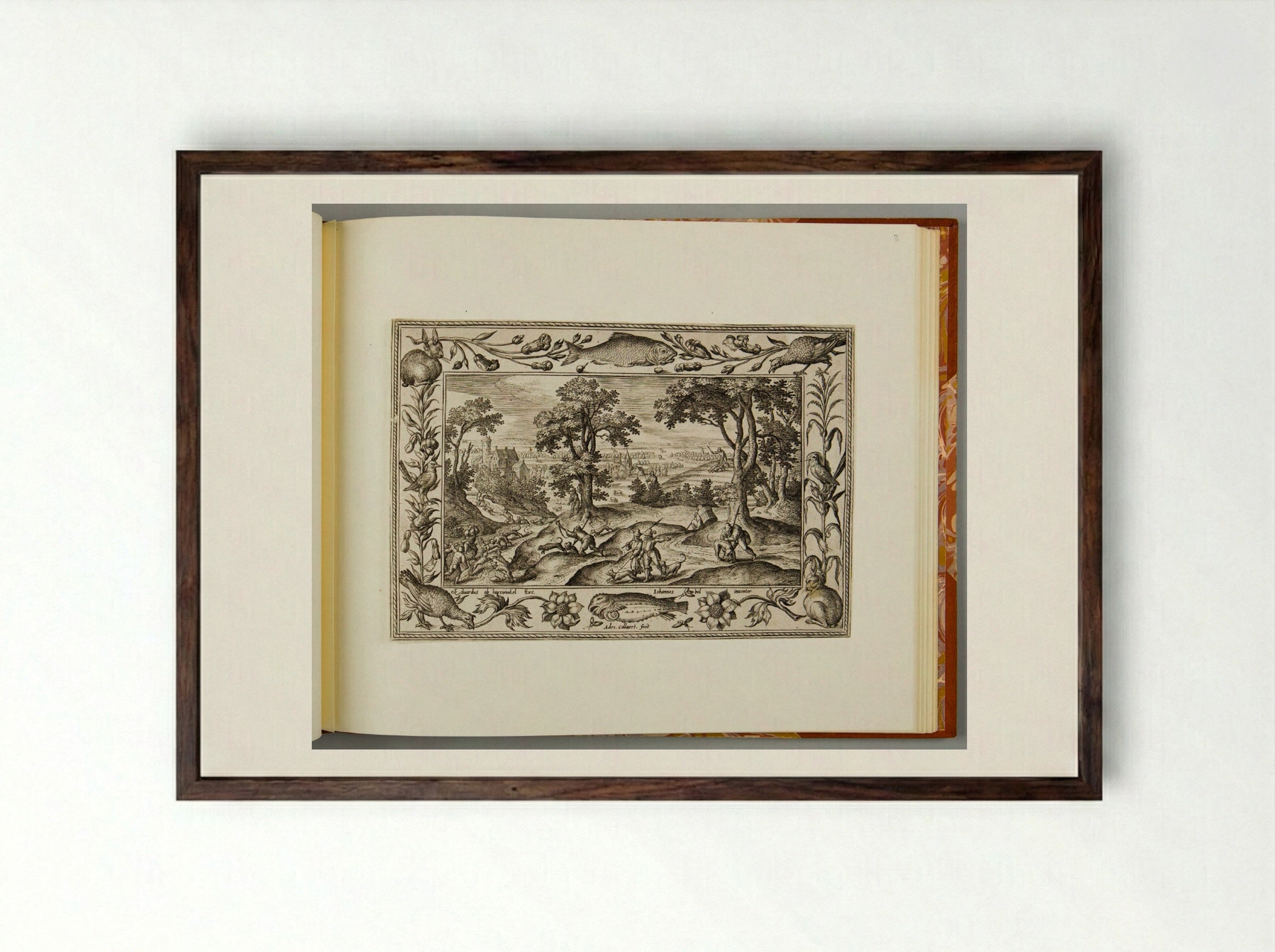 Hare Hunt, with Fish, Rabbit, and Turkey - Adriaen Collaert - Framed Print Dark Wood