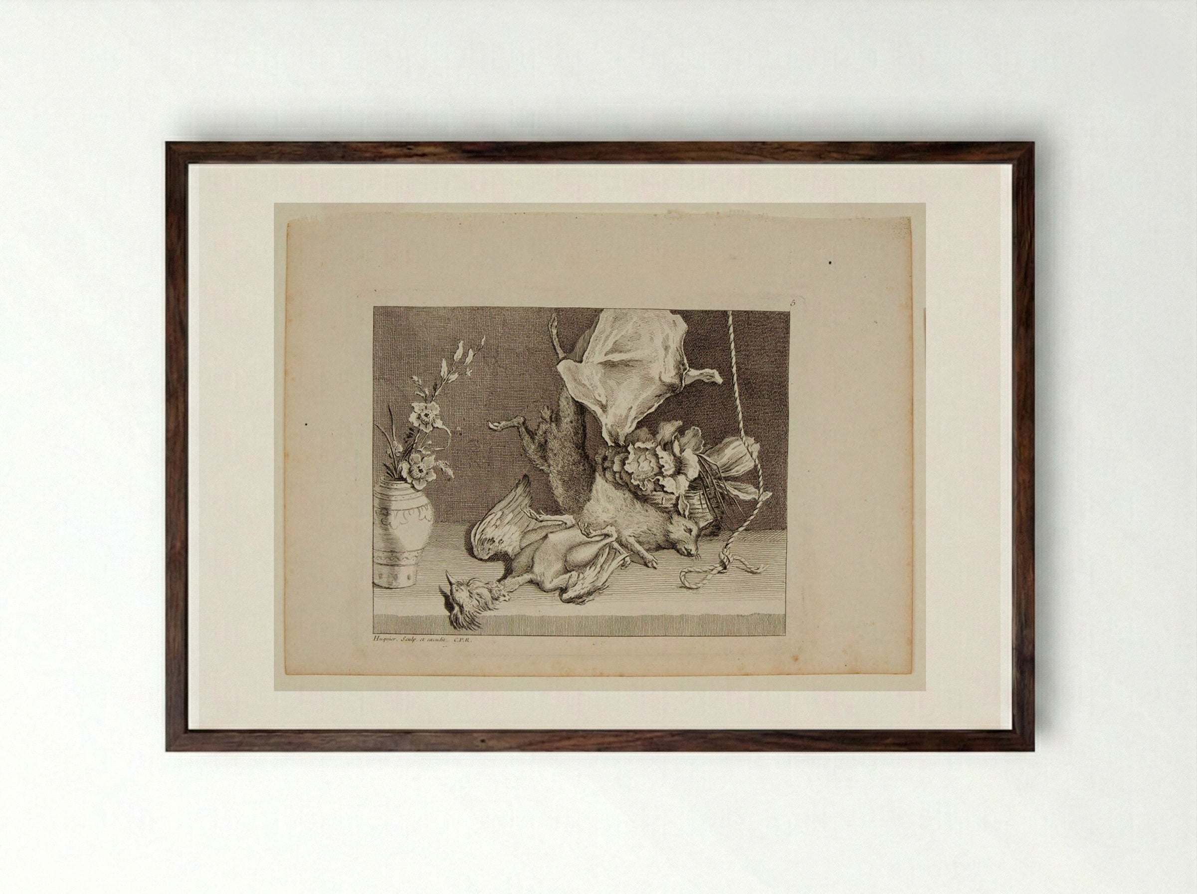 Hare, Ray, Cabbage Basket and Flower Vase - Gabriel Huquier - Framed Print Dark Wood