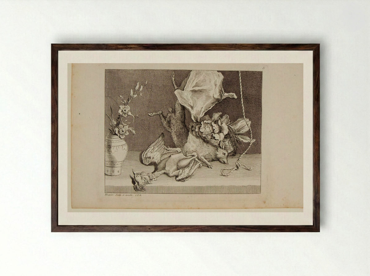 Hare, Ray, Cabbage Basket and Flower Vase - Gabriel Huquier - Framed Print Dark Wood
