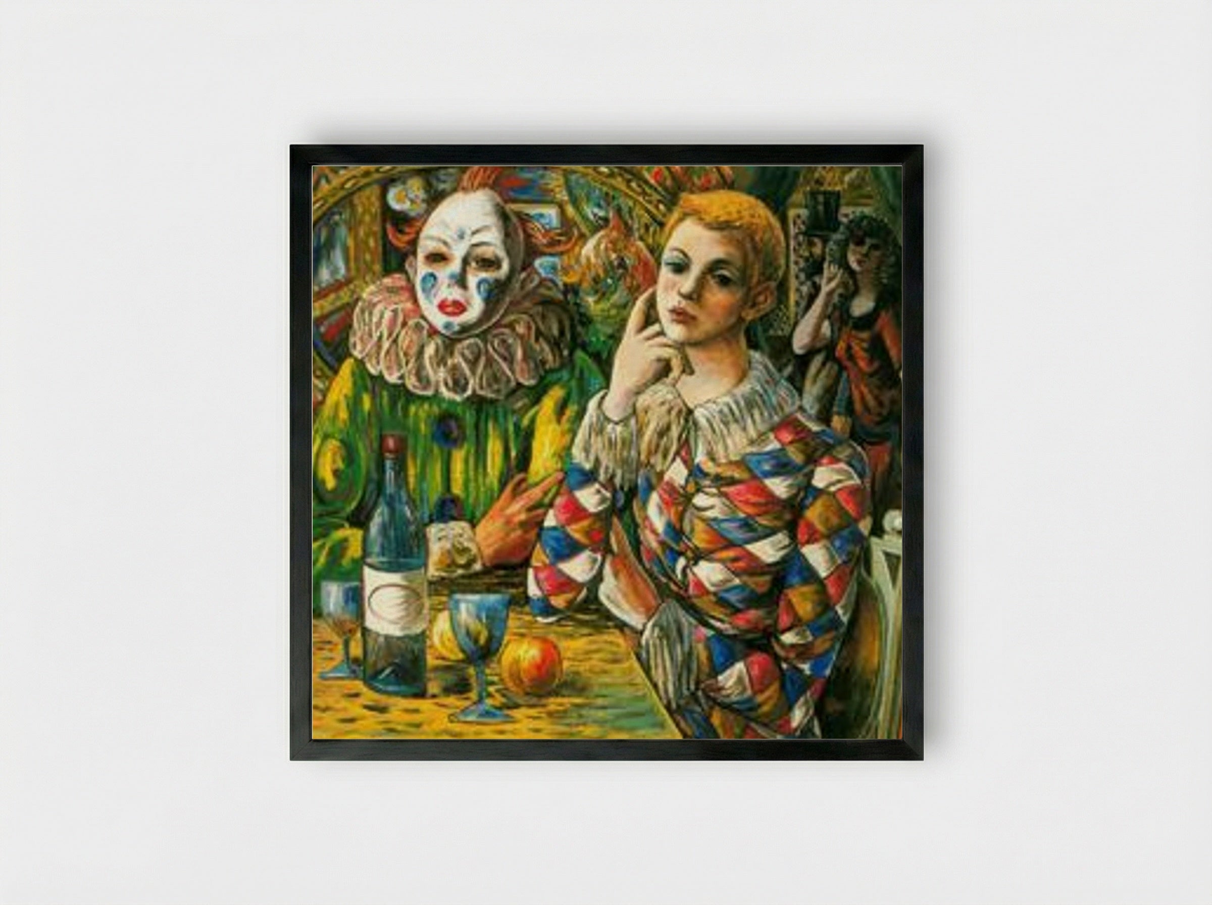 Harlequin and Clown with Mask - Rafael Zabaleta - Framed Print Black