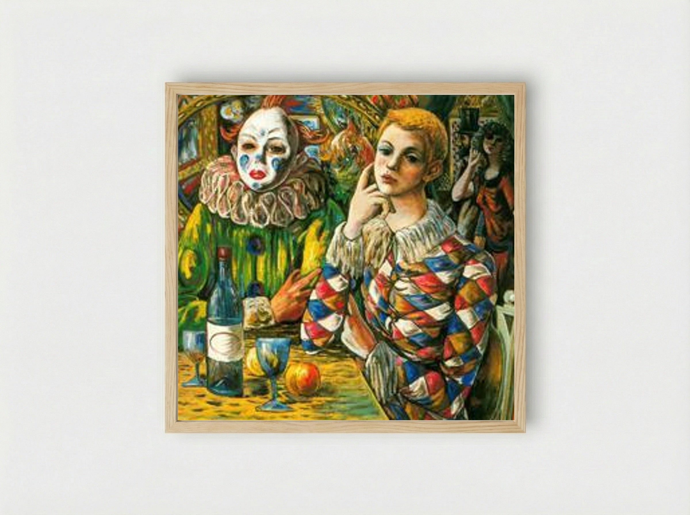 Harlequin and Clown with Mask - Rafael Zabaleta - Framed Print Wood