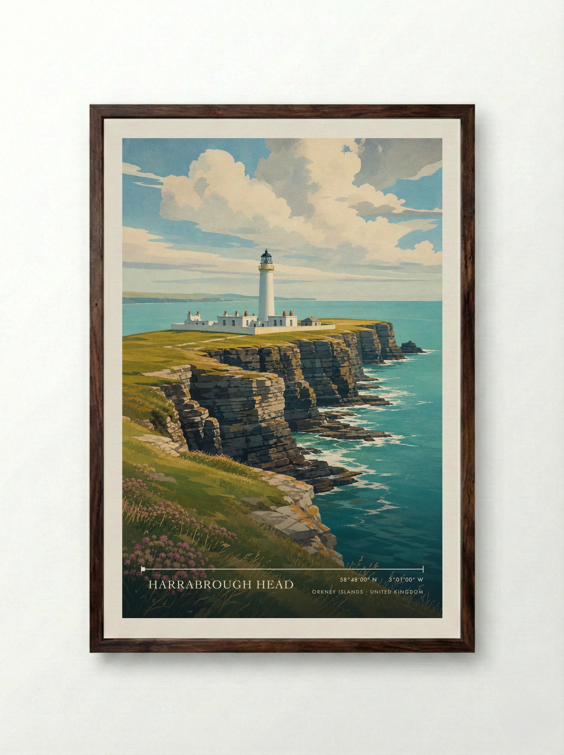 Harrabrough Head Orkney Islands United Kingdom Travel Poster - Framed Print Dark Wood