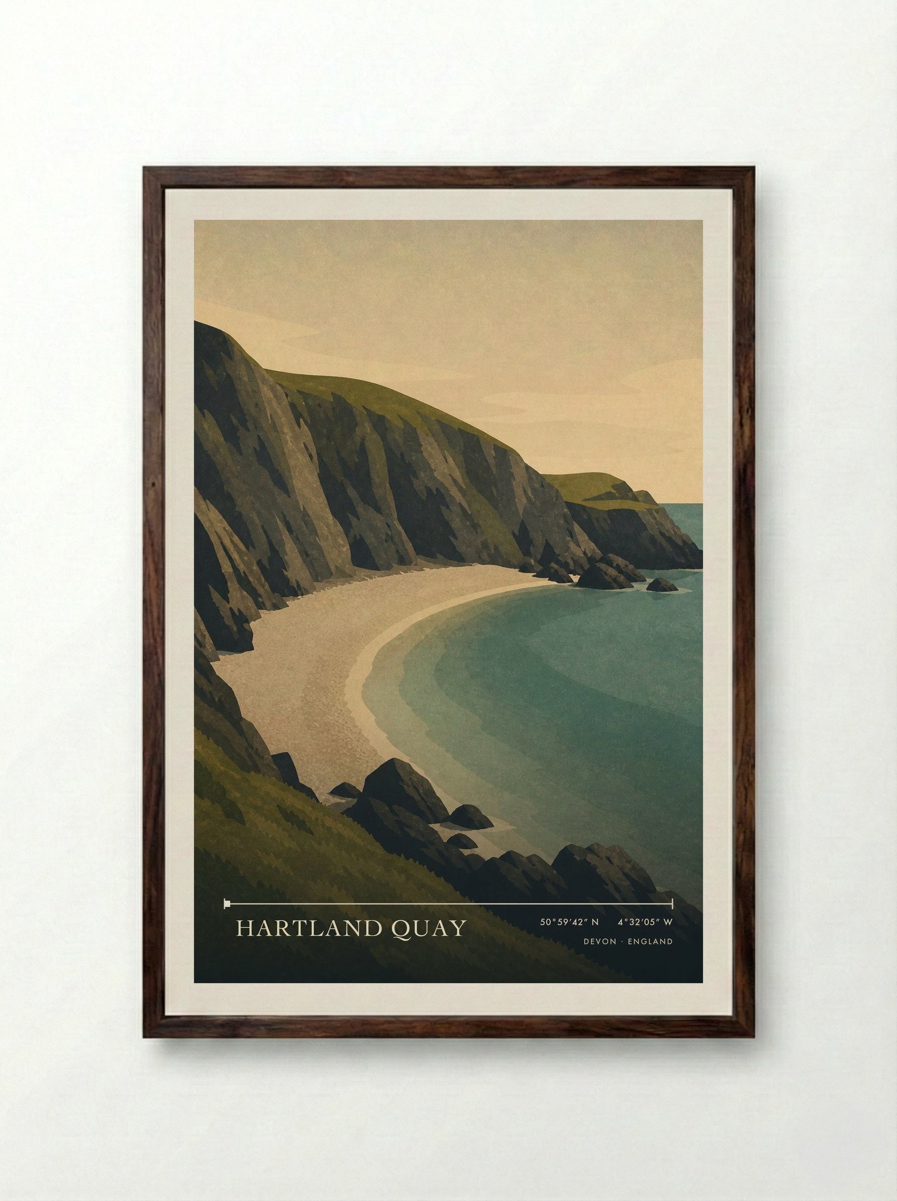 Hartland Quay Devon England Travel Poster - Framed Print Dark Wood