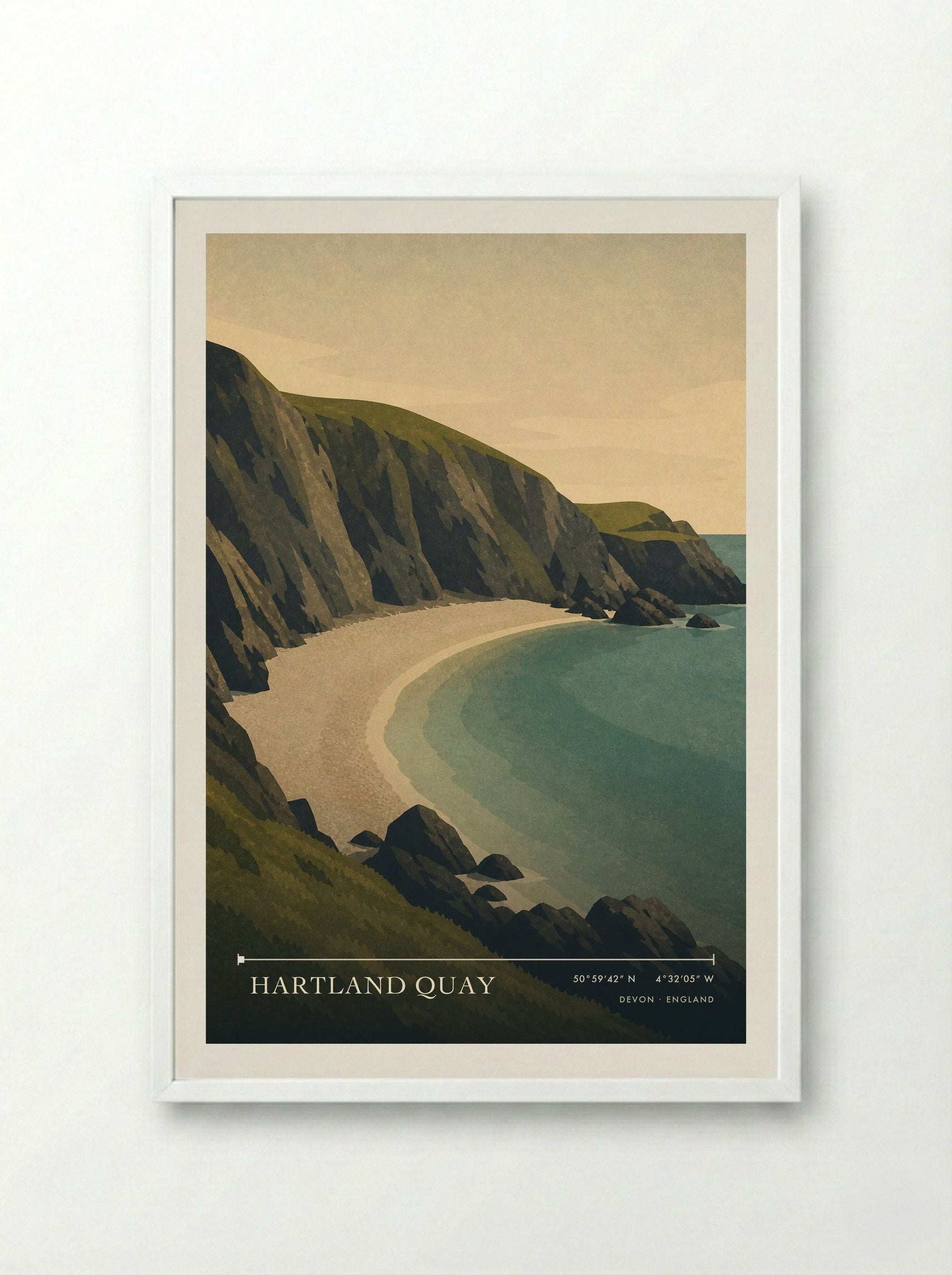 Hartland Quay Devon England Travel Poster - Framed Print White