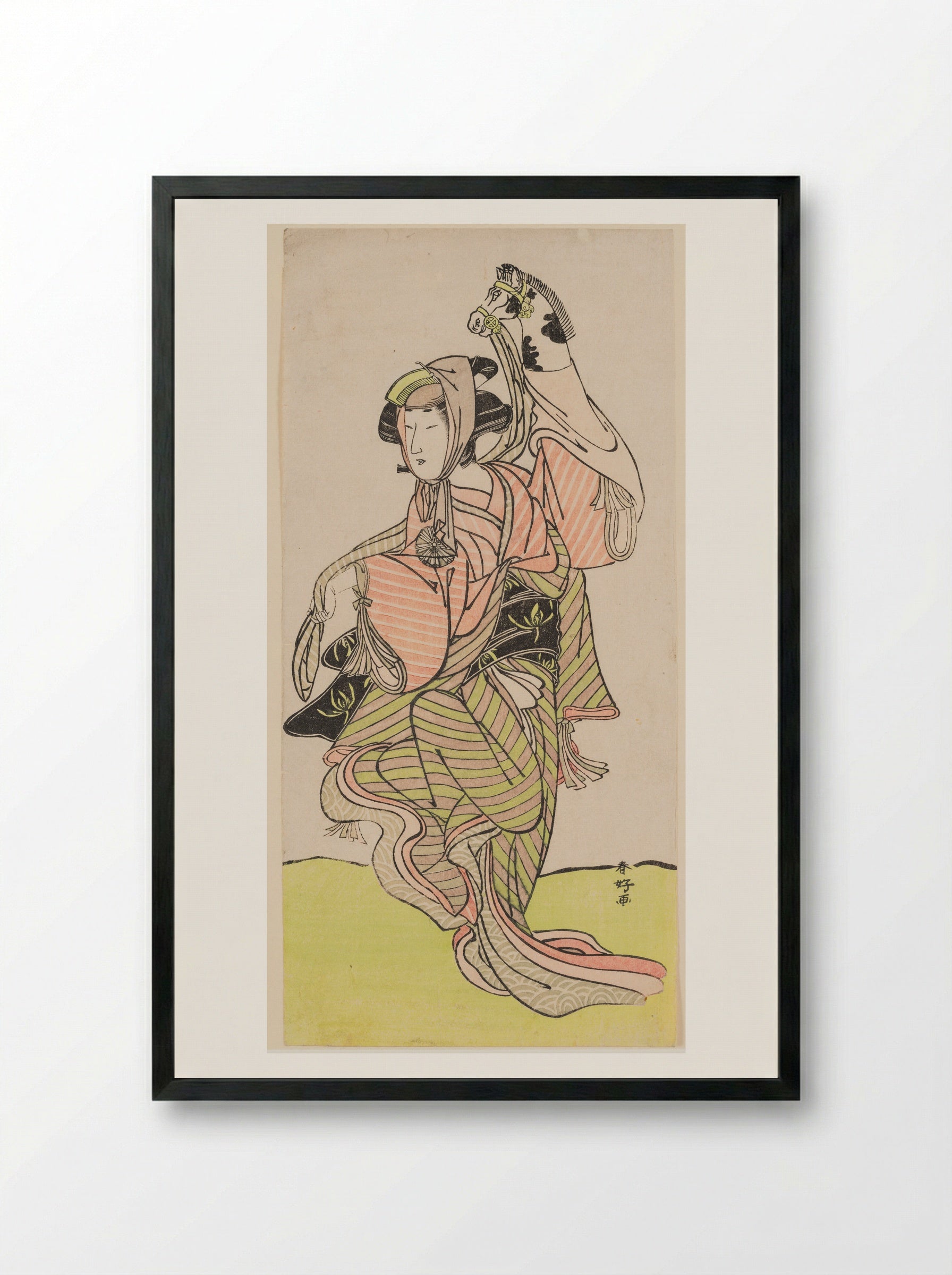 Harugoma (Spring hobbyhorse dance) - Katsukawa Shunkō - Framed Print Black