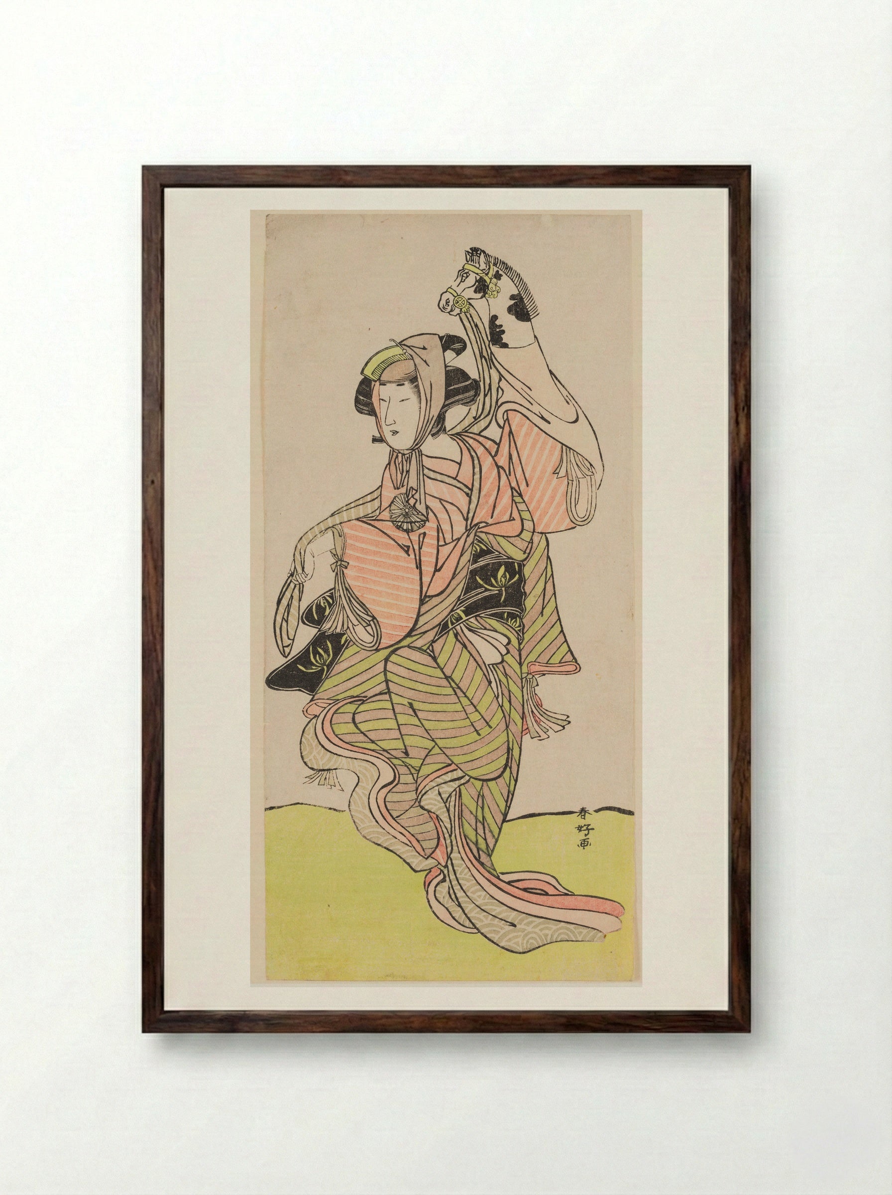 Harugoma (Spring hobbyhorse dance) - Katsukawa Shunkō - Framed Print Dark Wood