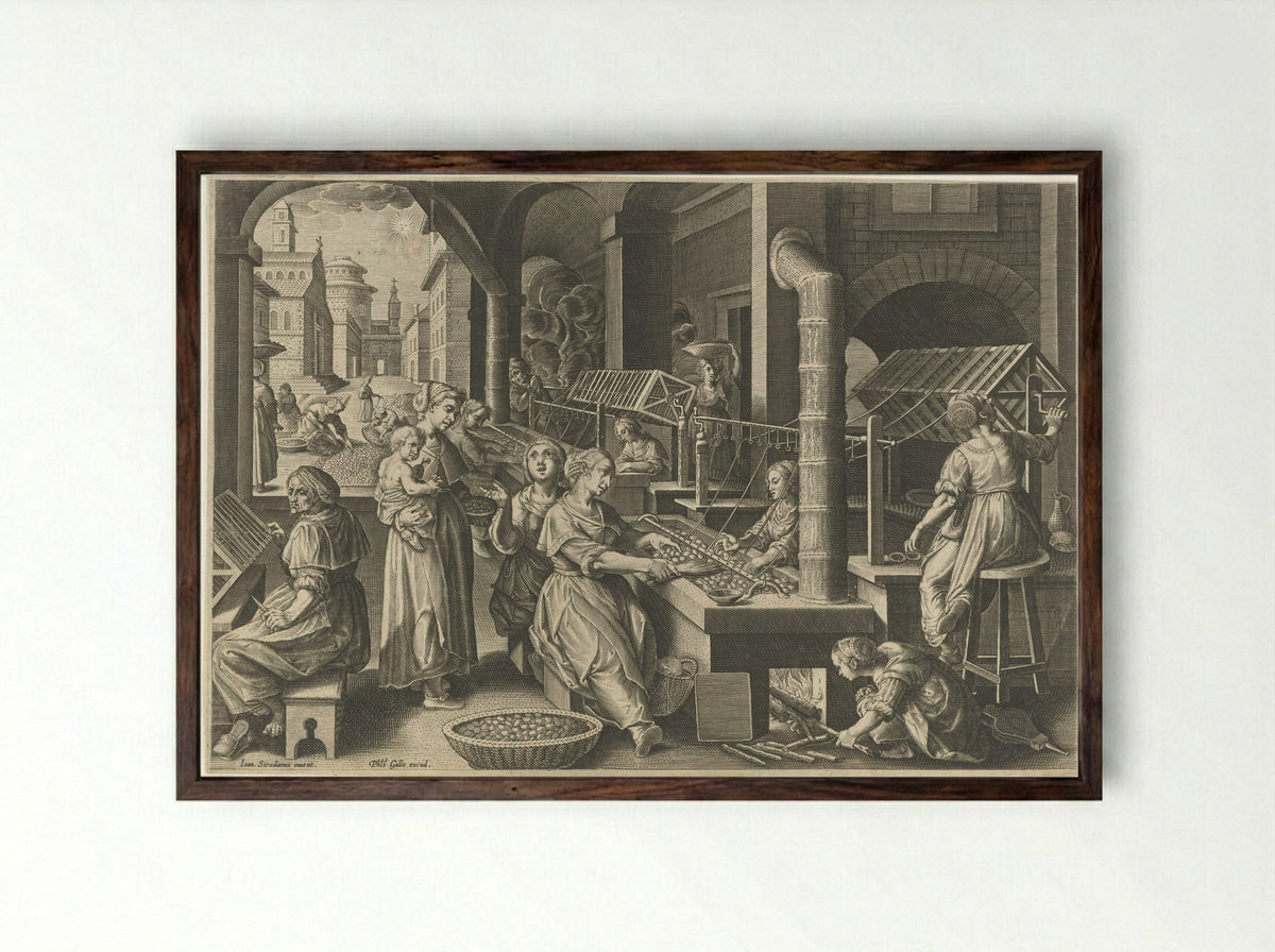 Haspelen van de zijde (Winding of Silk) - Karel van Mallery - Framed Print Dark Wood