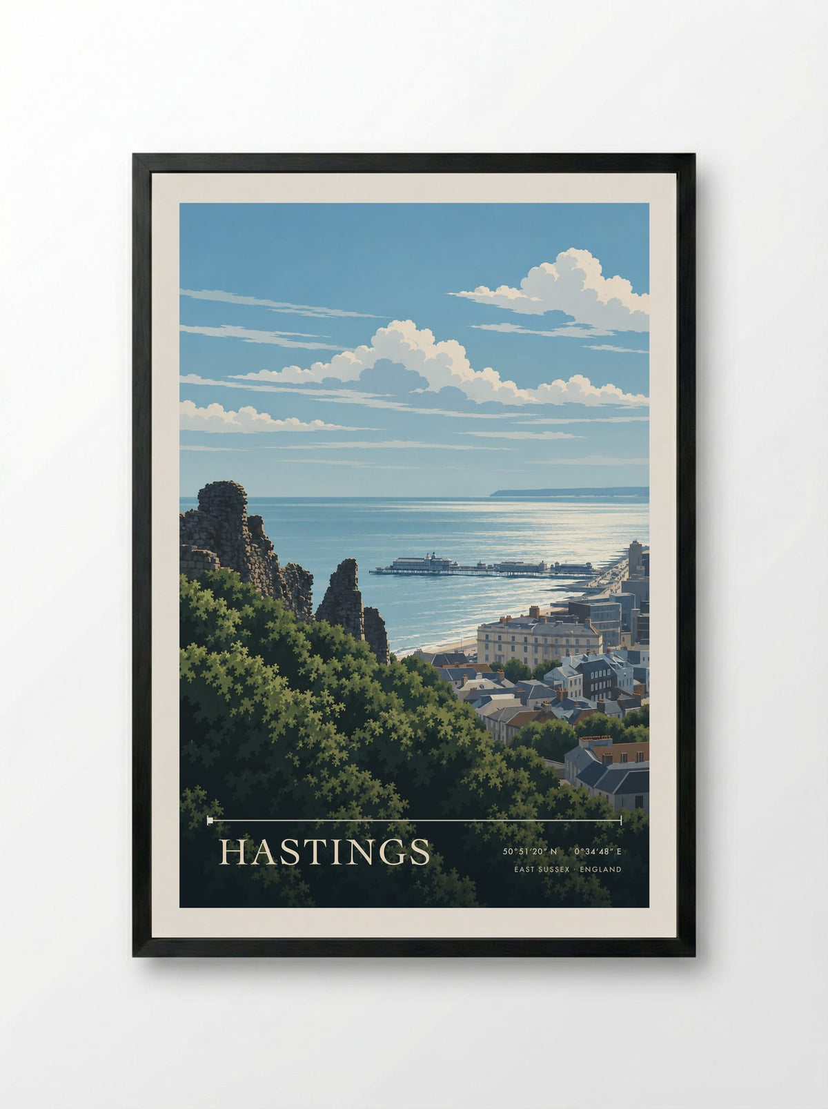 Hastings, East Sussex | Travel Poster - Framed Print Black