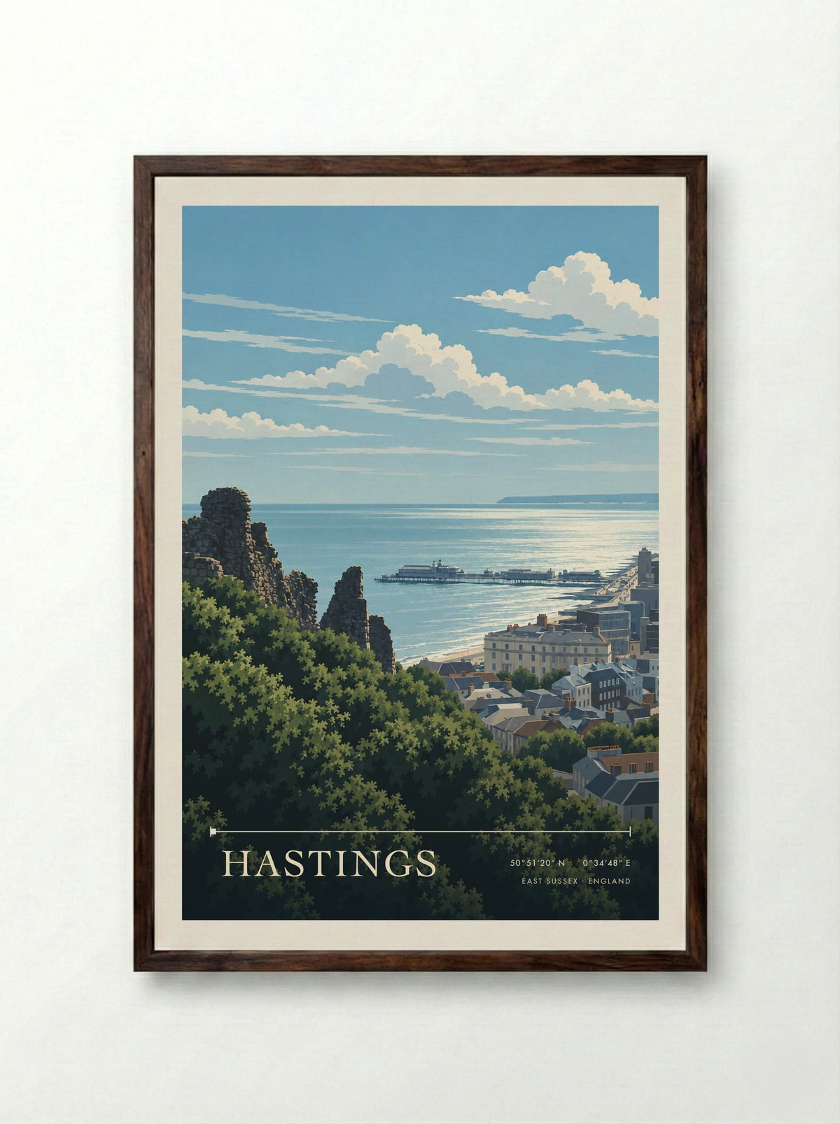 Hastings, East Sussex | Travel Poster - Framed Print Dark Wood
