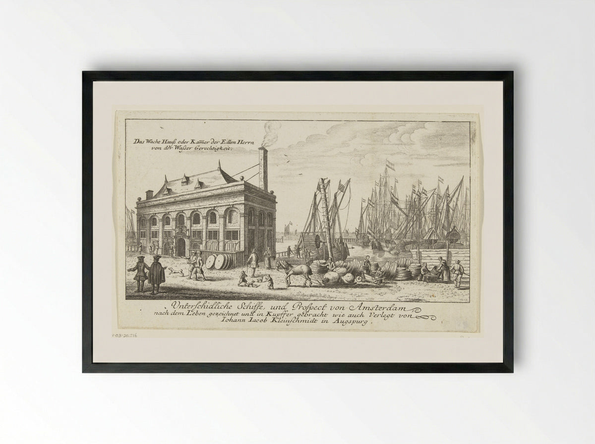 Haven van Amsterdam met het wachthuis - Johann Jakob Kleinschmidt - Framed Print Black