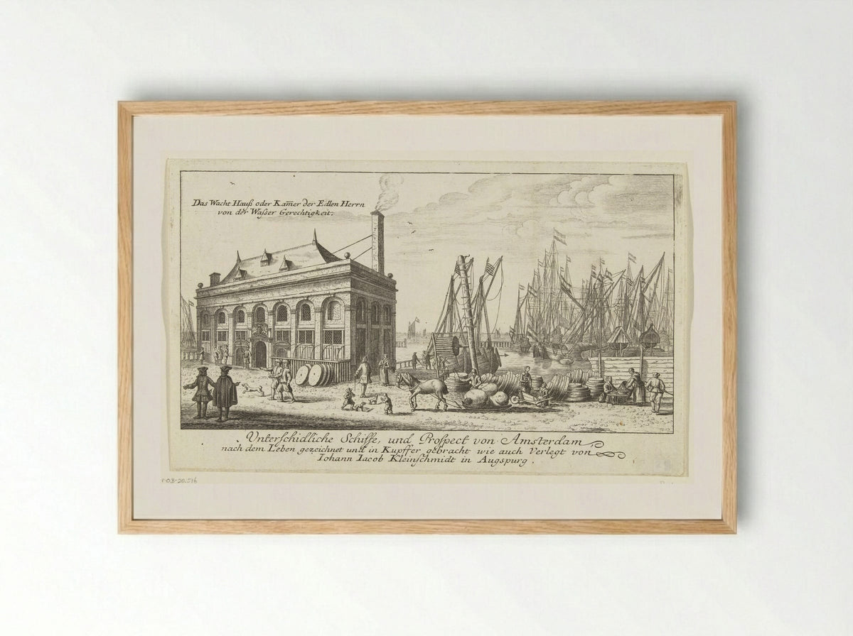 Haven van Amsterdam met het wachthuis - Johann Jakob Kleinschmidt - Framed Print Wood