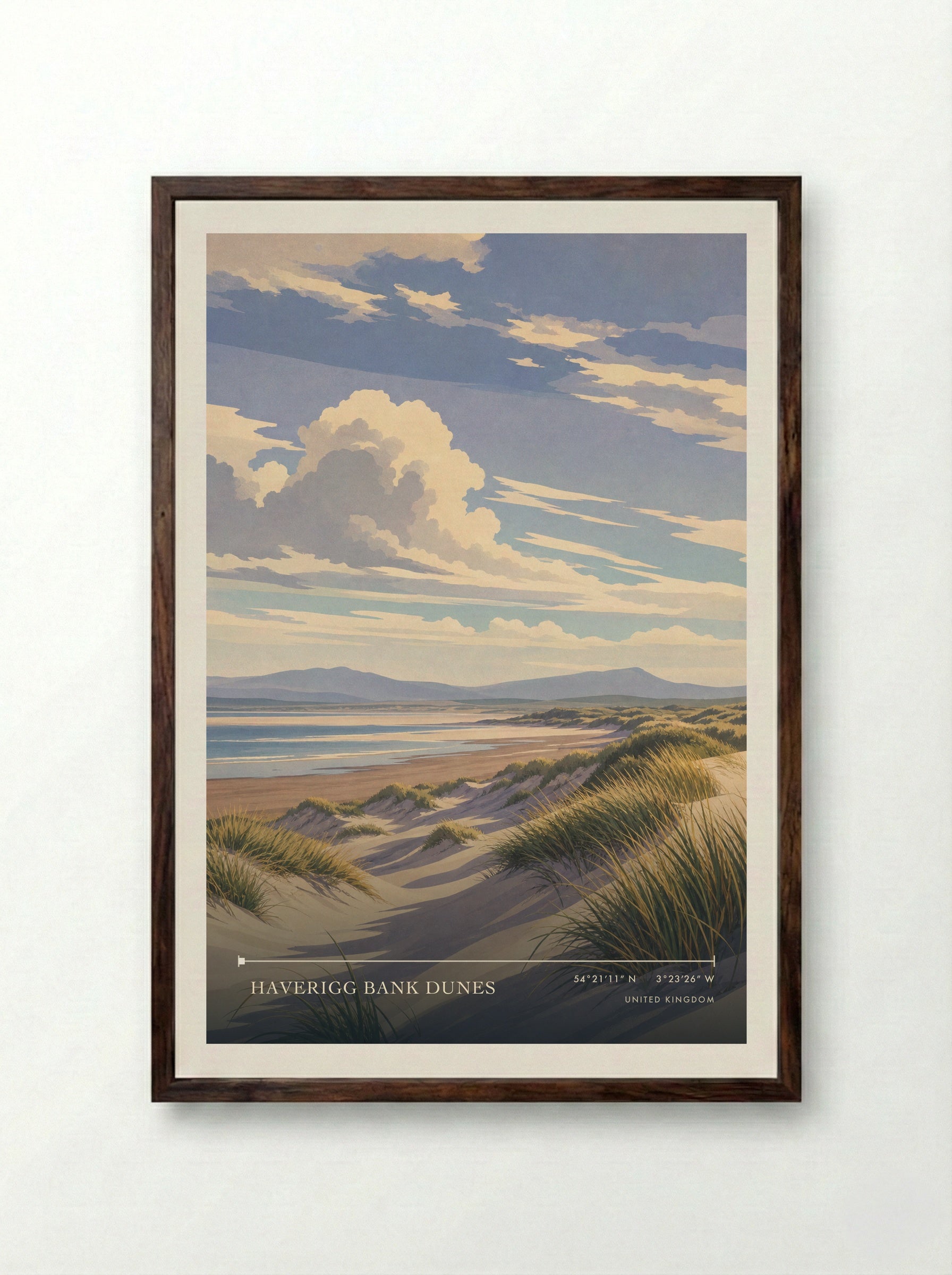 Haverigg Bank Dunes United Kingdom Travel Poster - Framed Print Dark Wood