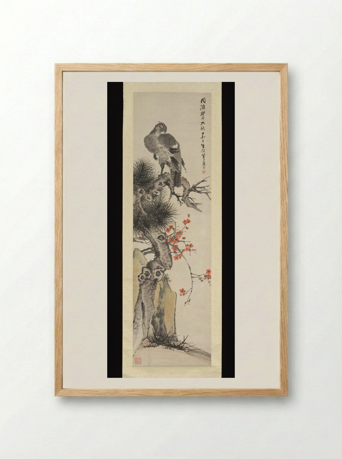 Hawk, Pine, Plum, and Rock - Zhu Cheng - Framed Print Wood