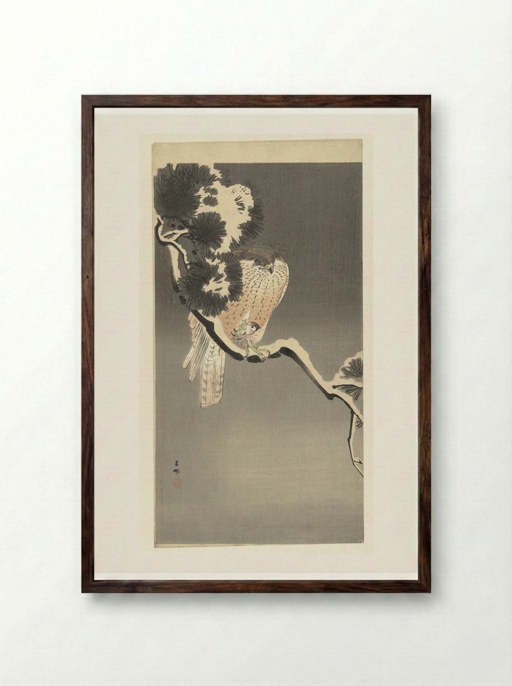 Hawk with Sparrow - Matsuki Heikichi - Framed Print Dark Wood