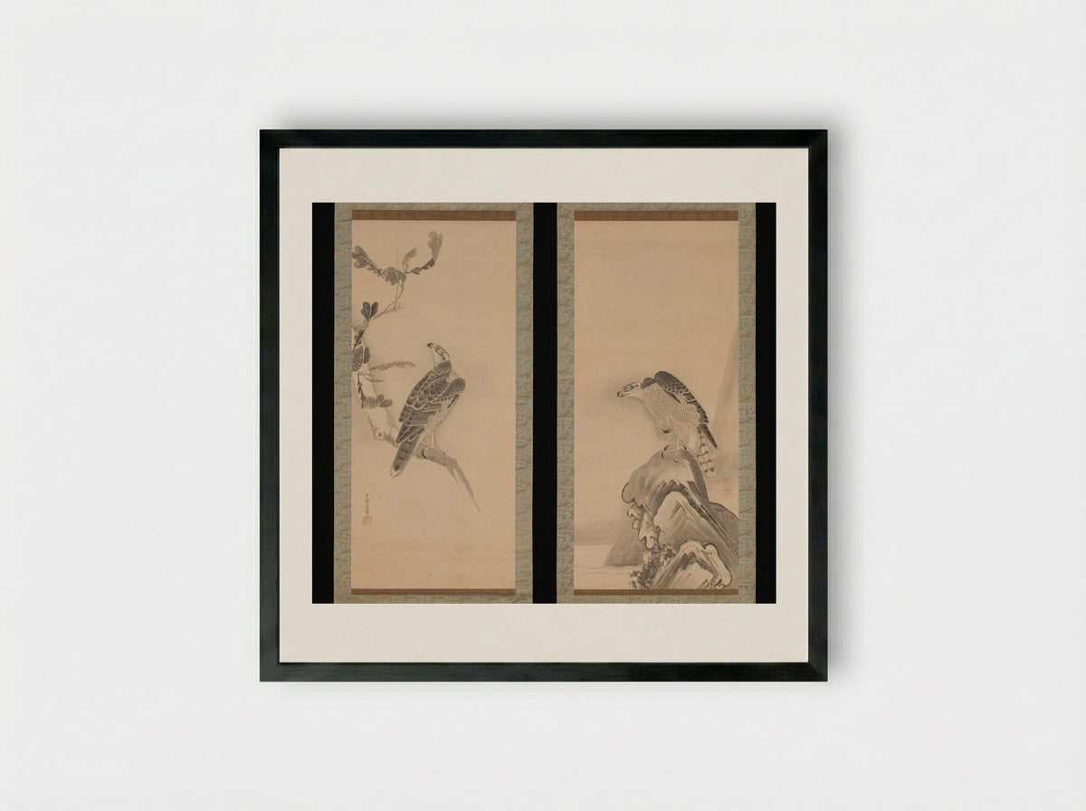 Hawks - Soga Nichokuan - Framed Print Black
