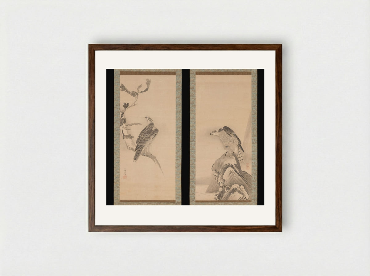 Hawks - Soga Nichokuan - Framed Print Dark Wood