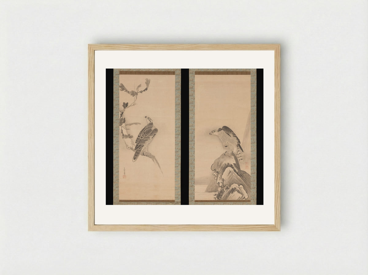 Hawks - Soga Nichokuan - Framed Print Wood