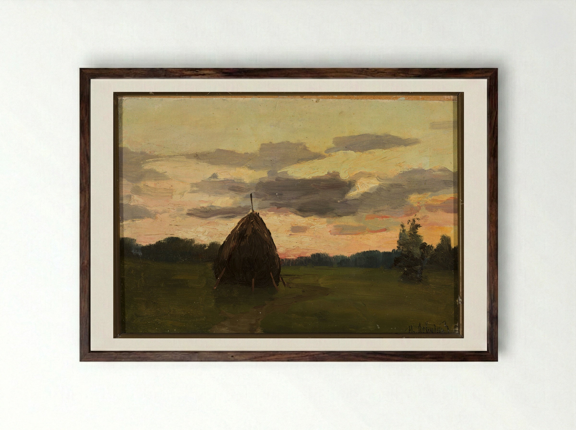 Haystack at Sunset - Isaac Levitan - Framed Print Dark Wood