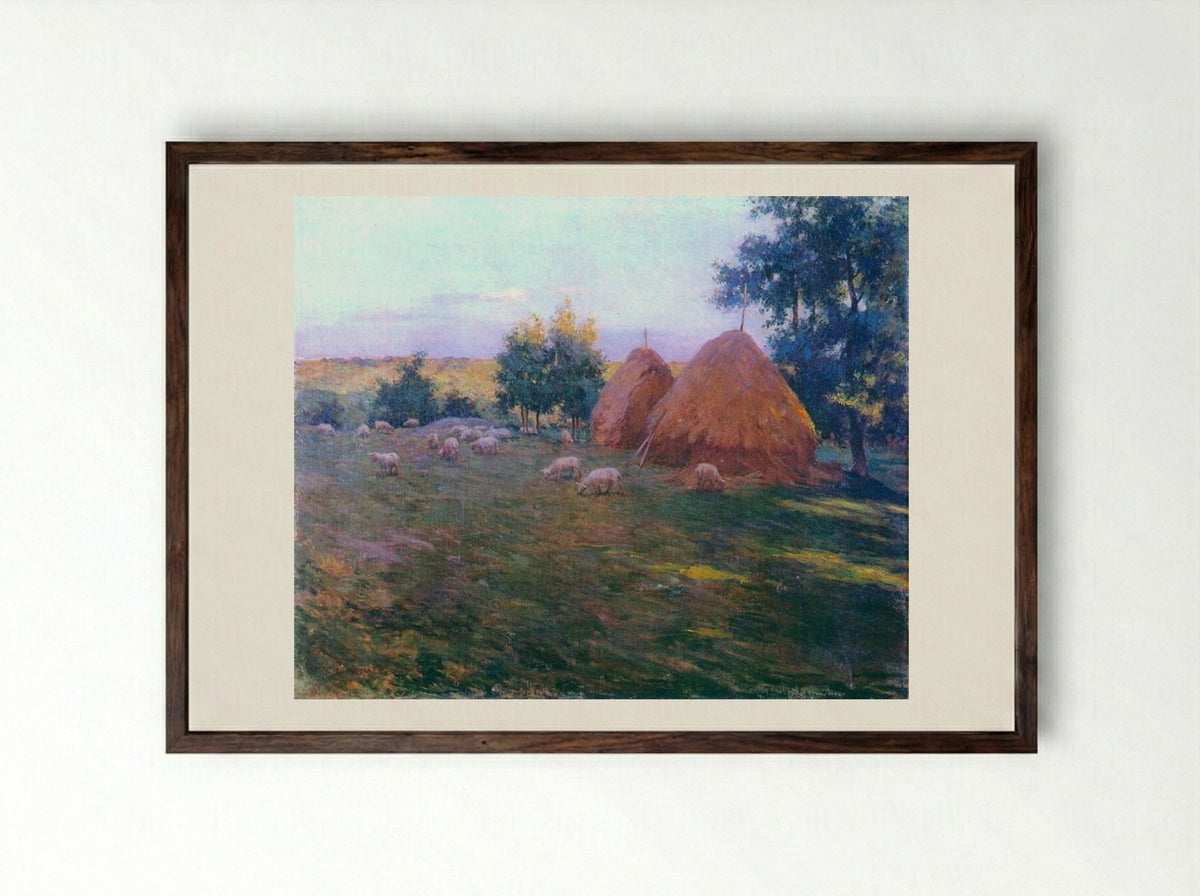 Haystacks - Willard Metcalf - Framed Print Dark Wood