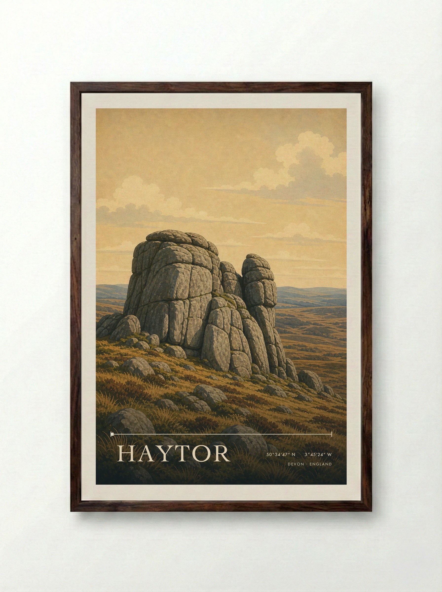 Haytor Devon England Travel Poster - Framed Print Dark Wood