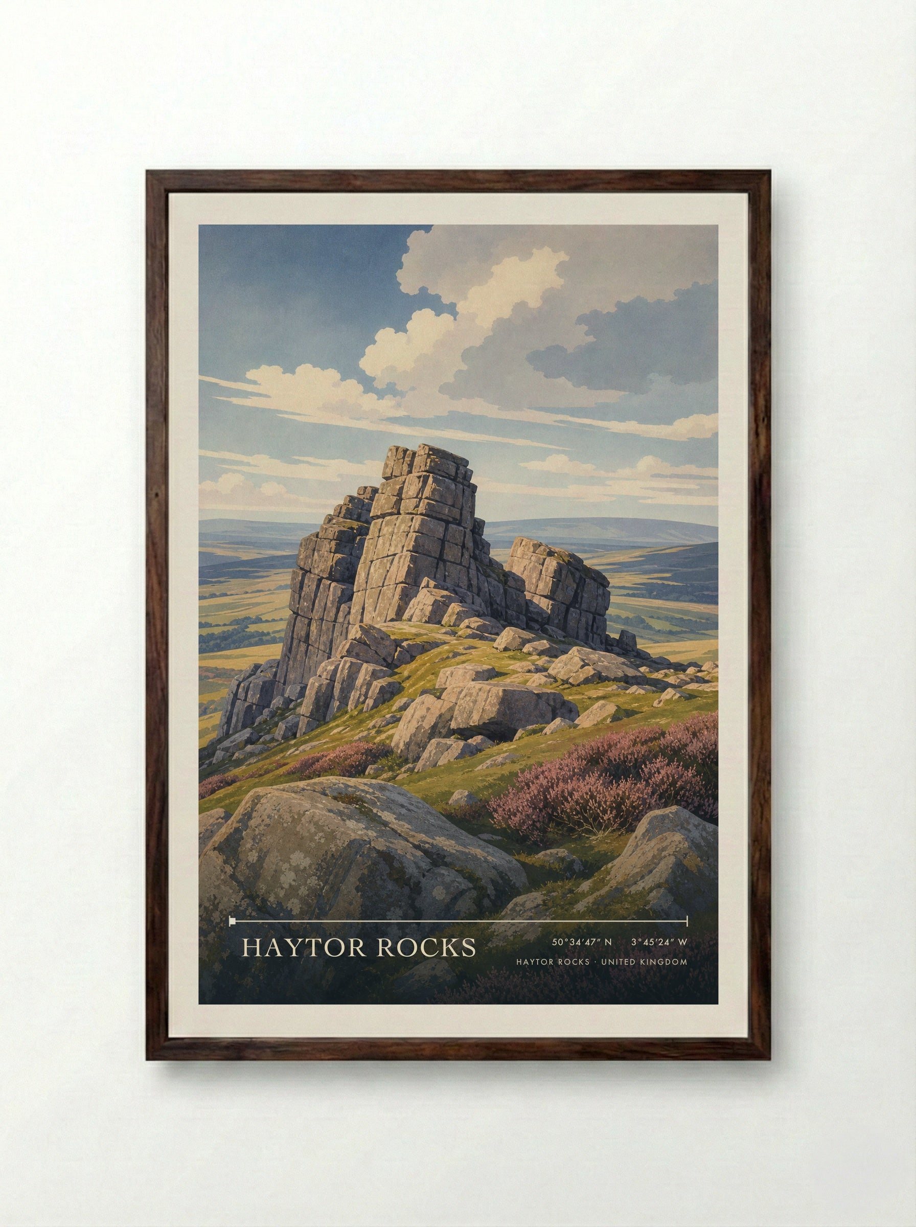 Haytor Rocks United Kingdom Travel Poster - Framed Print Dark Wood