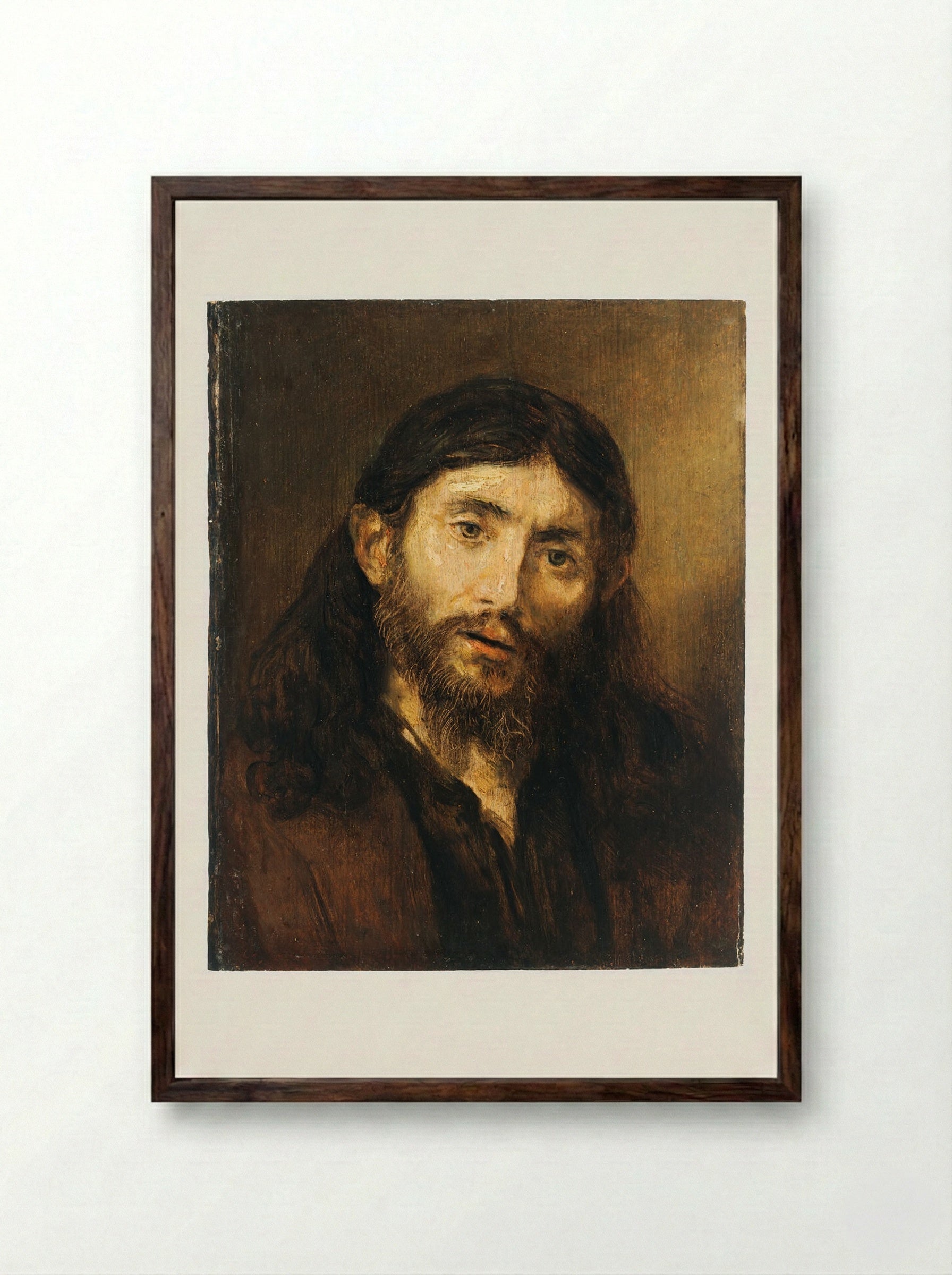Head of Christ - Rembrandt Harmensz. van Rijn - Framed Print Dark Wood