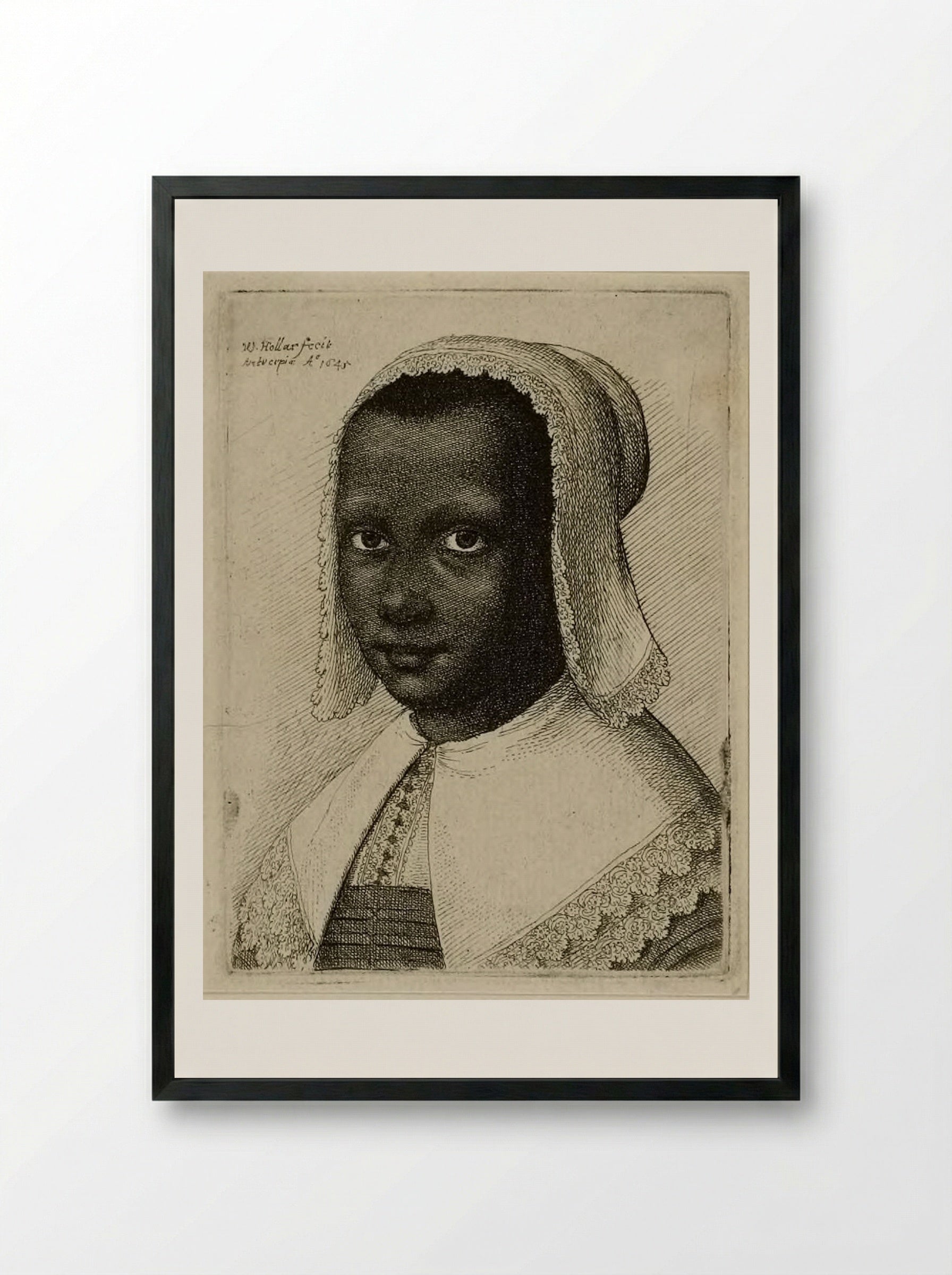 Head of a Black Woman with a Lace Kerchief Hat - Wenceslaus Hollar - Framed Print Black