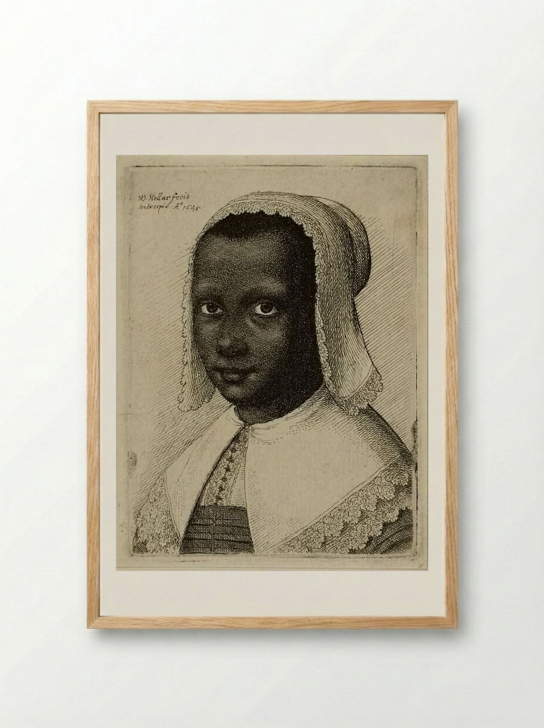 Head of a Black Woman with a Lace Kerchief Hat - Wenceslaus Hollar - Framed Print Wood