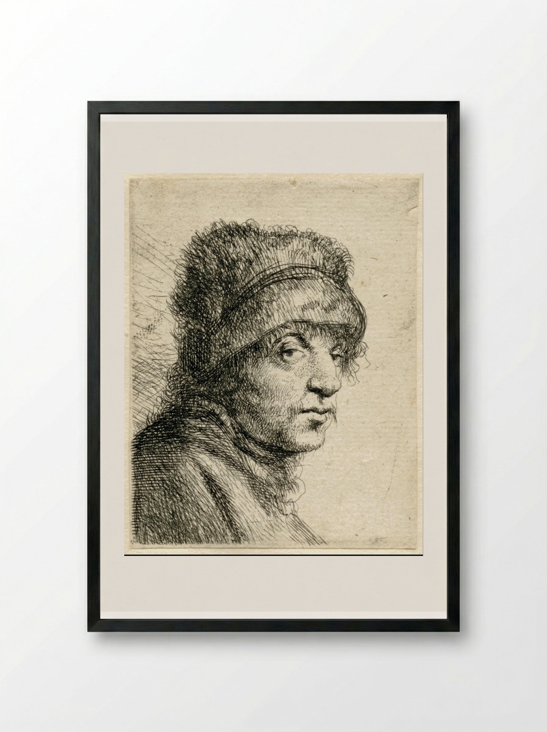 Head of a Man in a Fur Cap - Jan Lievens - Framed Print Black