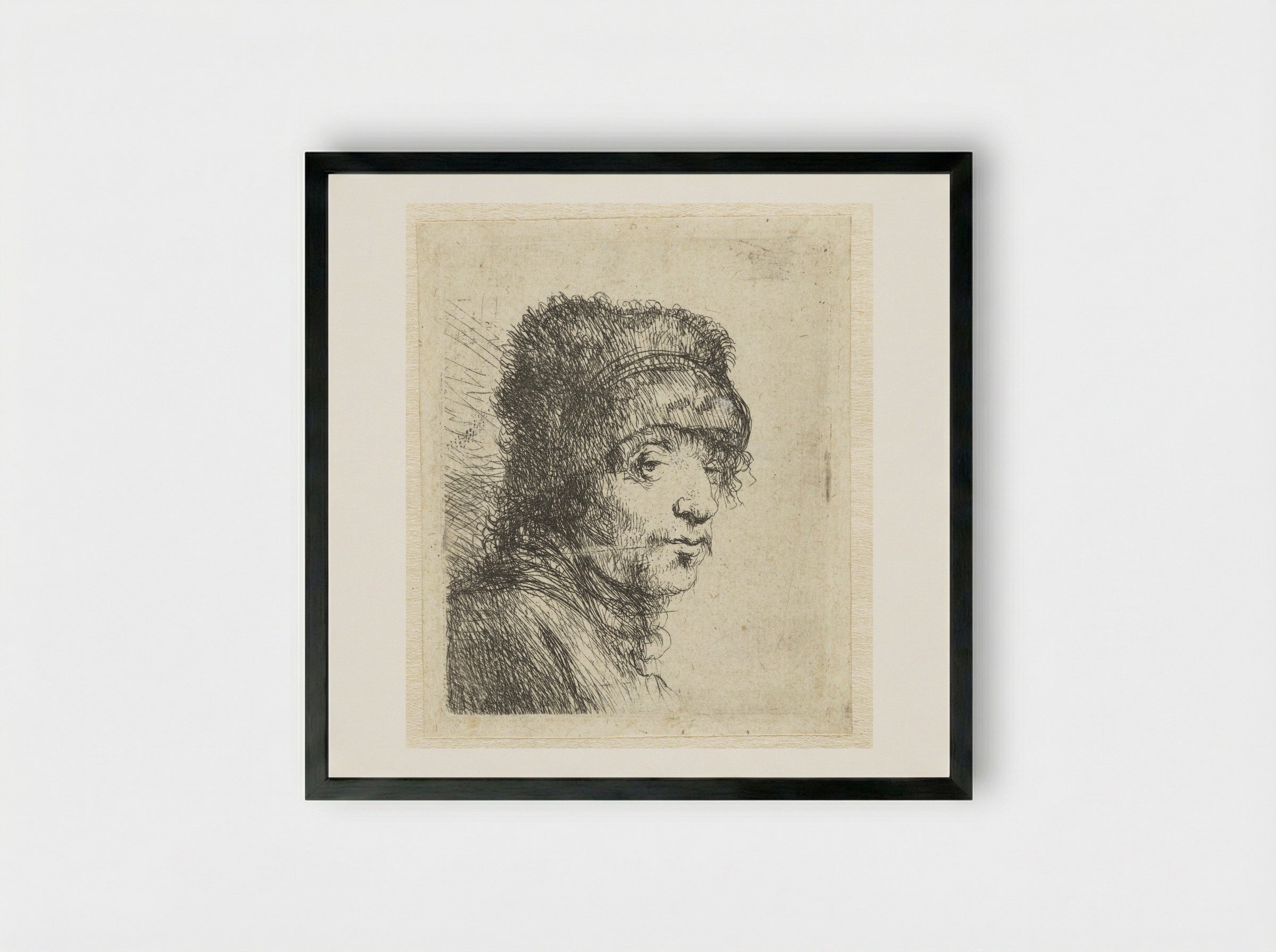 Head of a Man in a Fur Cap - Jan Lievens - Framed Print Black