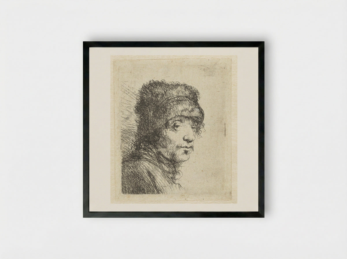 Head of a Man in a Fur Cap - Jan Lievens - Framed Print Black