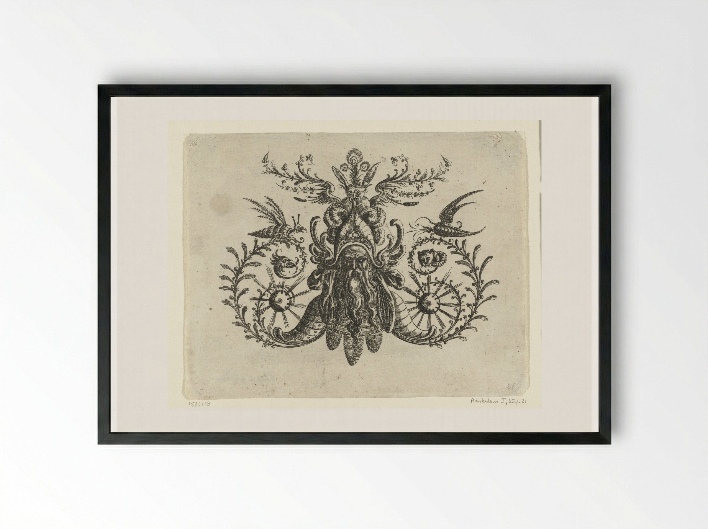 Head of a Man with a Long Wavy Beard Among Volutes and Foliage - Christoph Jamnitzer - Framed Print Black