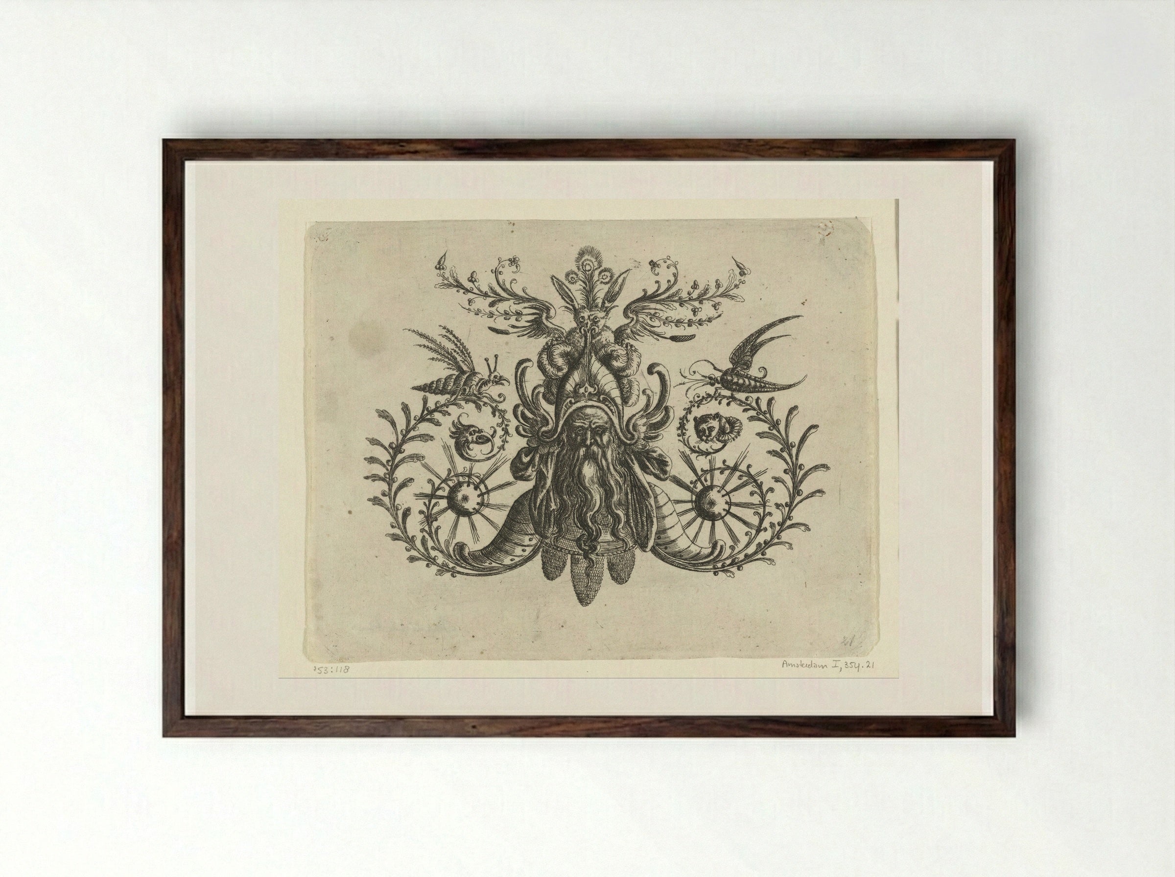 Head of a Man with a Long Wavy Beard Among Volutes and Foliage - Christoph Jamnitzer - Framed Print Dark Wood
