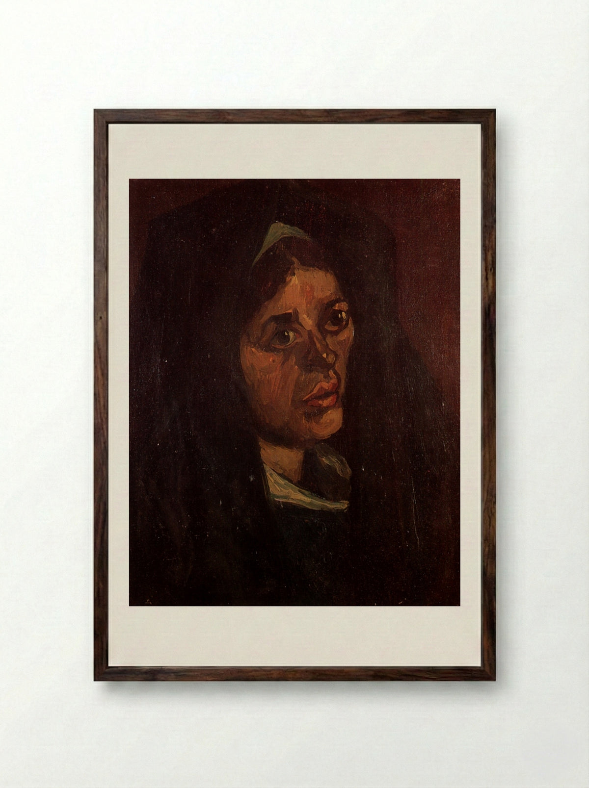 Head of a Peasant Woman in a Green Shawl - Vincent van Gogh - Framed Print Dark Wood
