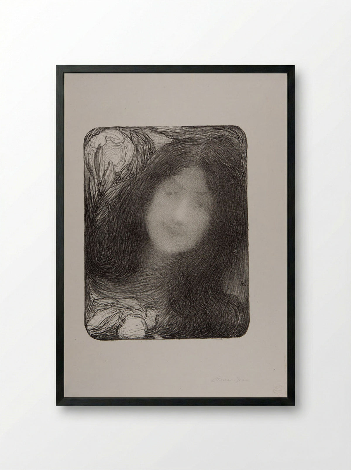 Head of a Woman with Peonies - Edmond François Aman-Jean - Framed Print Black