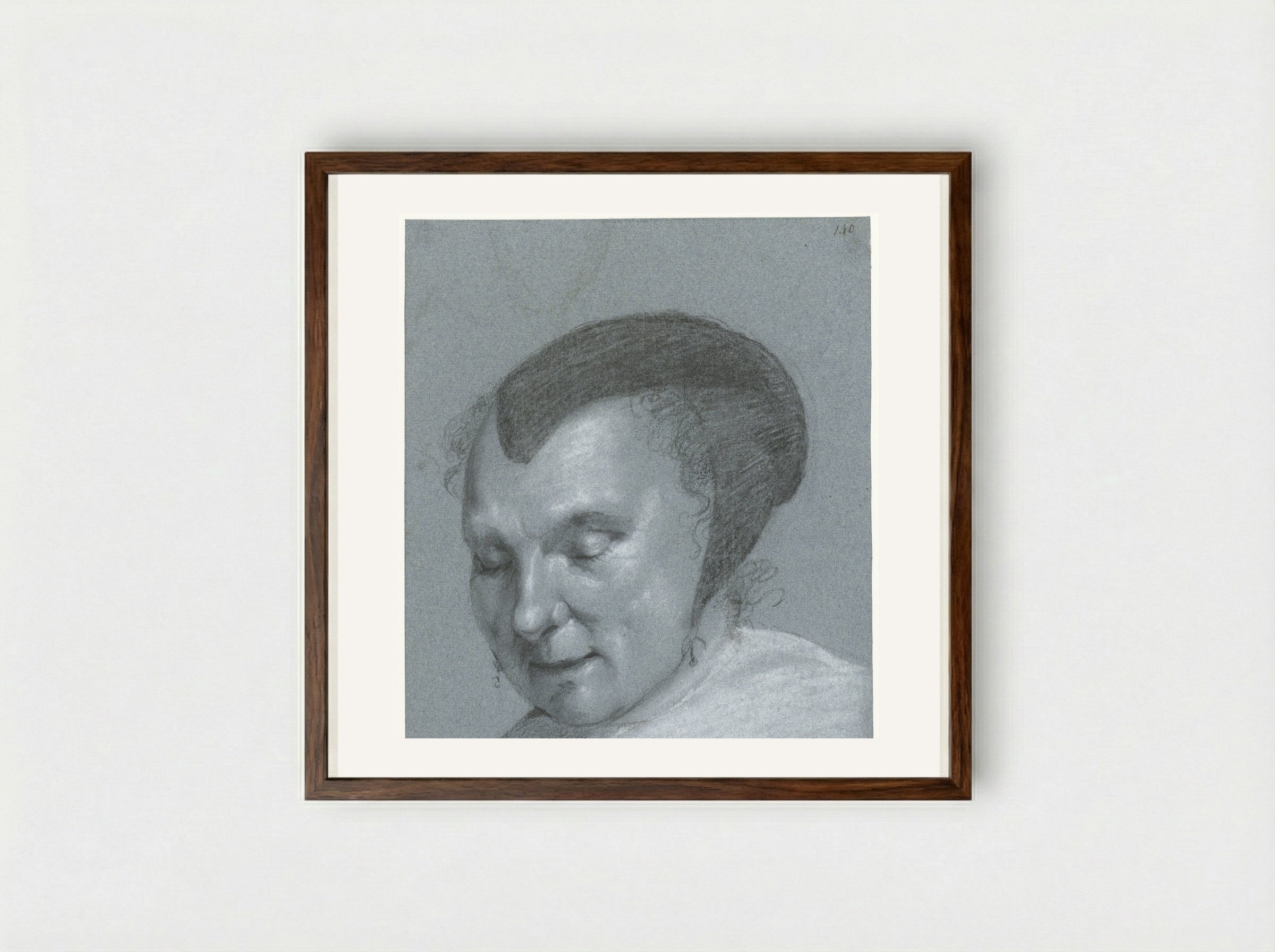 Head of a Woman with a Black Cap, Facing Left - Moses ter Borch - Framed Print Dark Wood