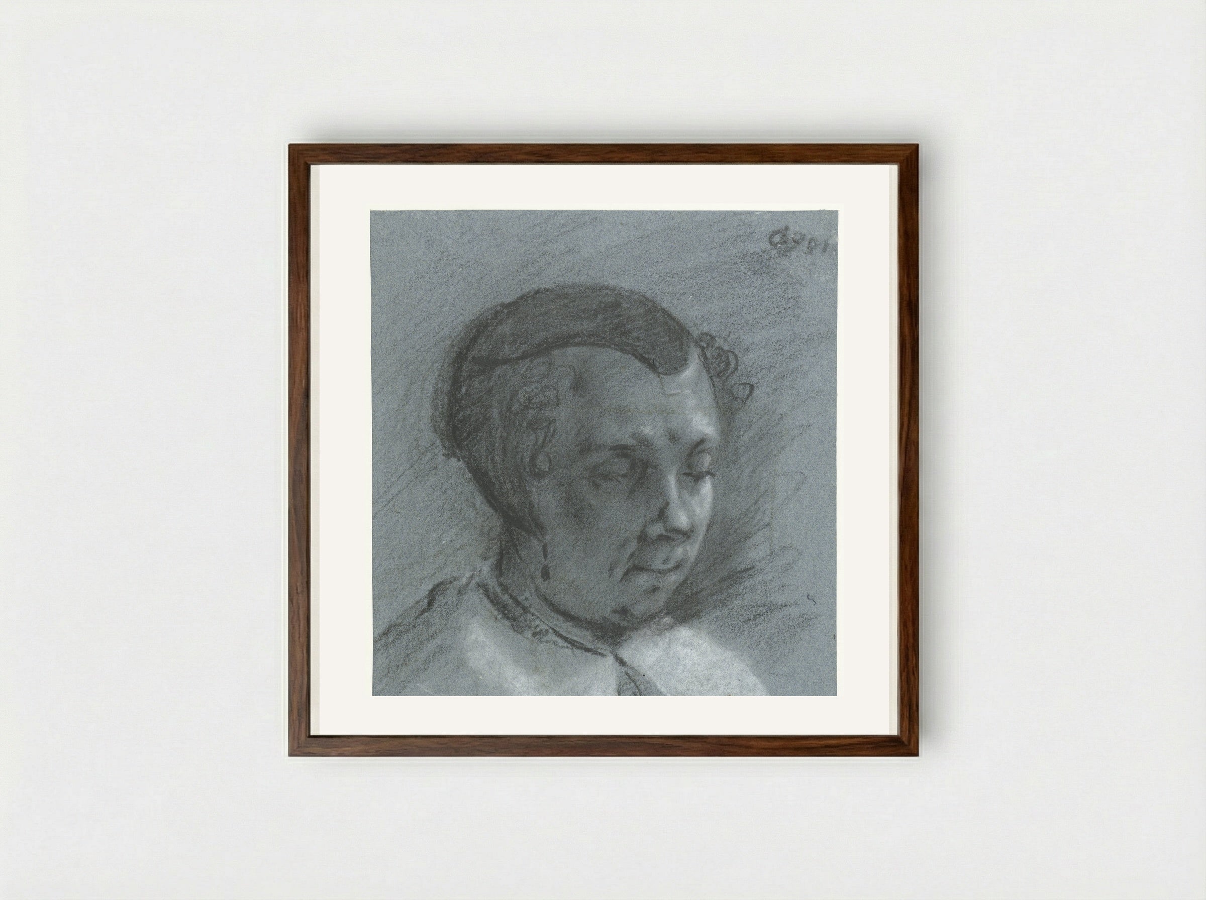 Head of a Woman with a Black Cap, Facing Right - Moses ter Borch - Framed Print Dark Wood