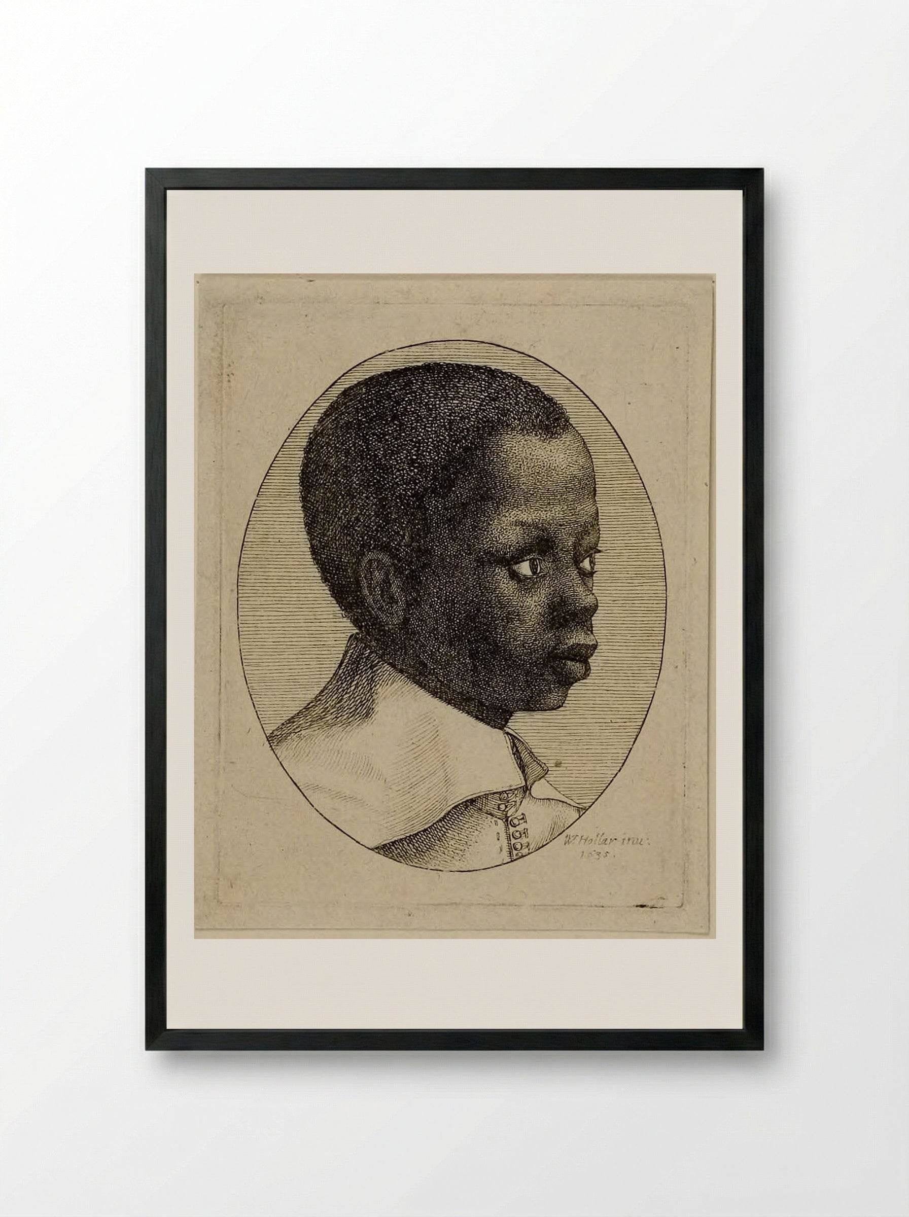 Head of a Young Black Boy in Profile to Right in an Oval - Wenceslaus Hollar - Framed Print Black
