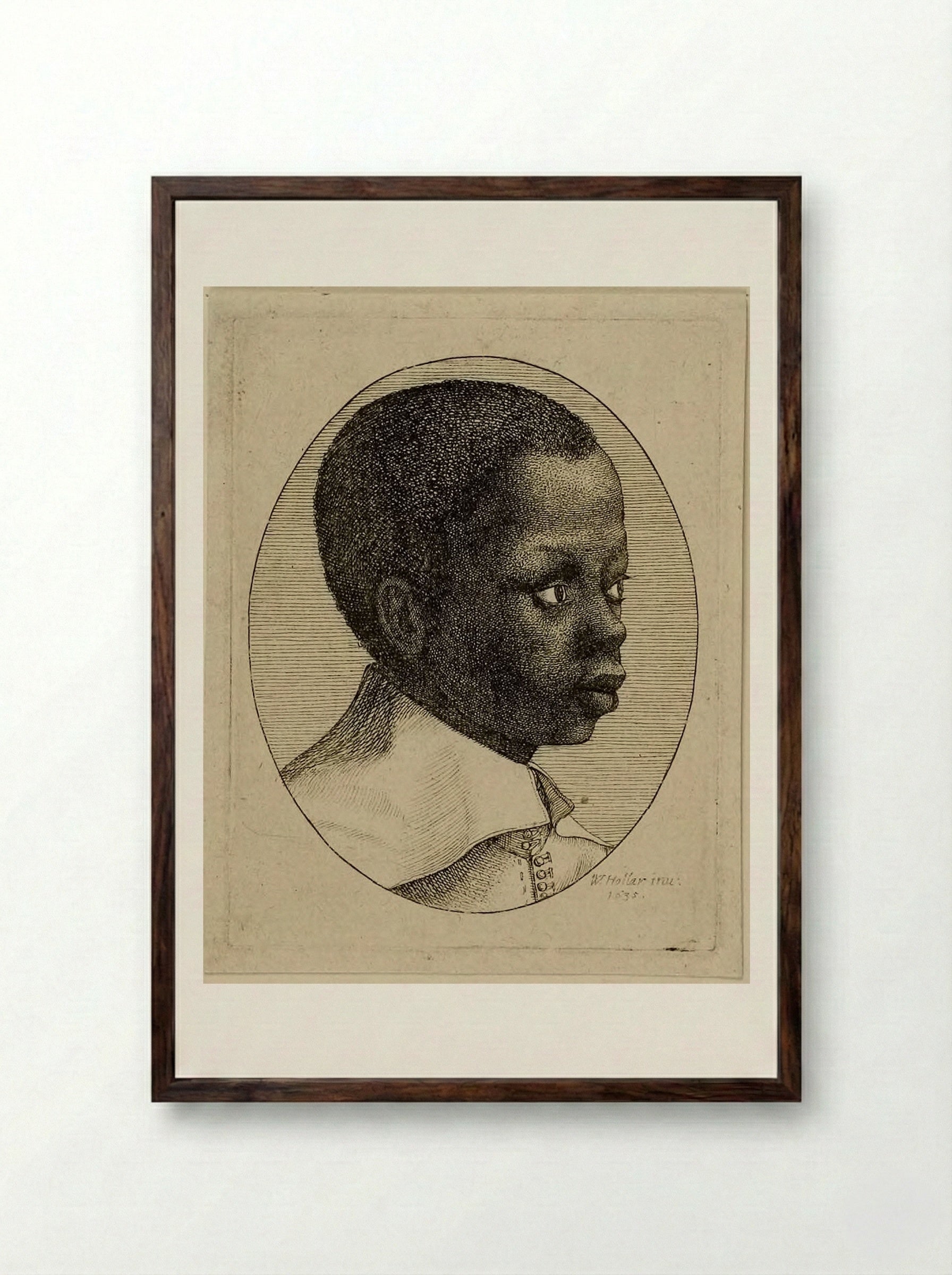 Head of a Young Black Boy in Profile to Right in an Oval - Wenceslaus Hollar - Framed Print Dark Wood