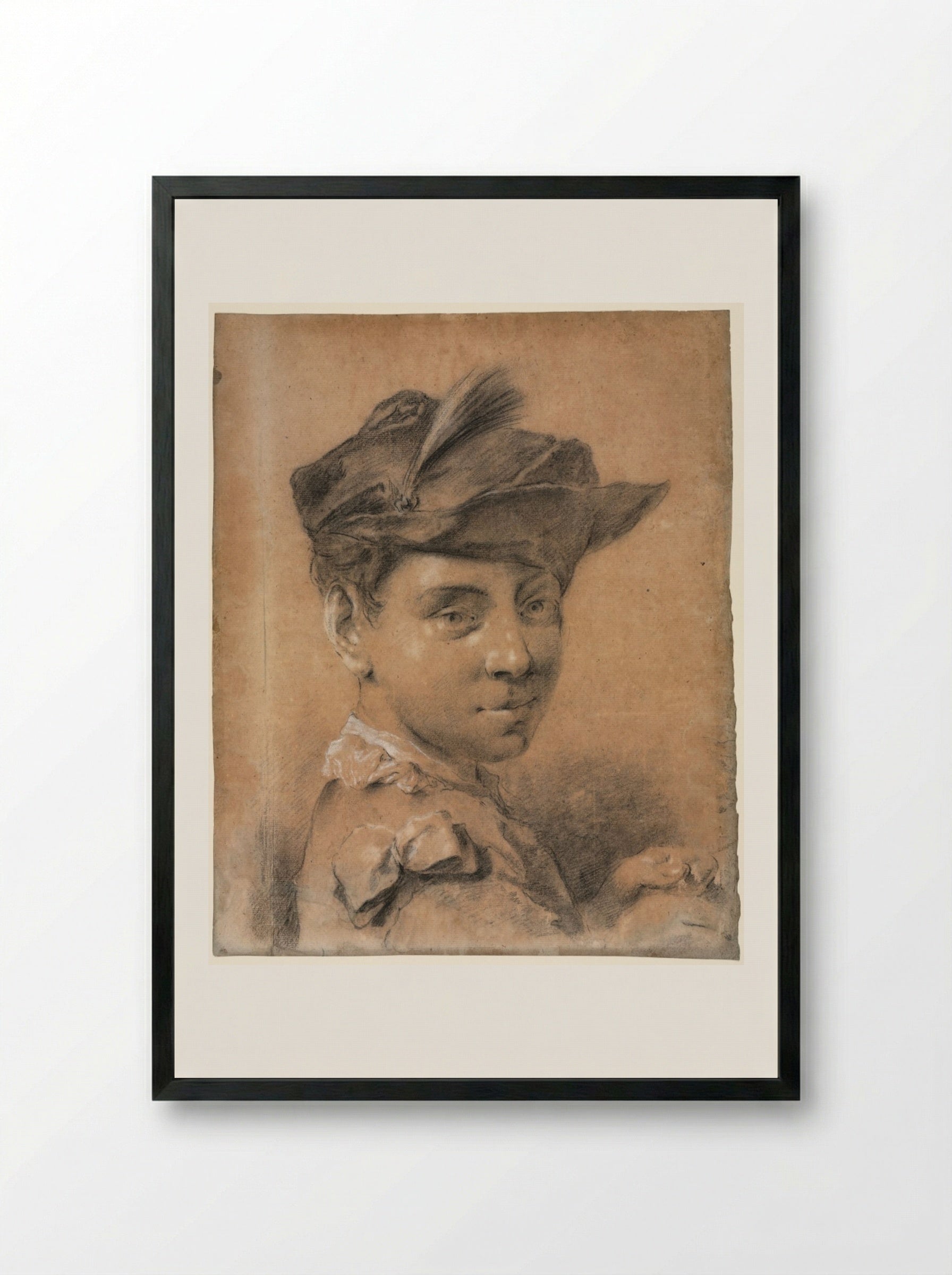 Head of a Young Man Wearing a Hat - Giovanni Battista Piazzetta - Framed Print Black
