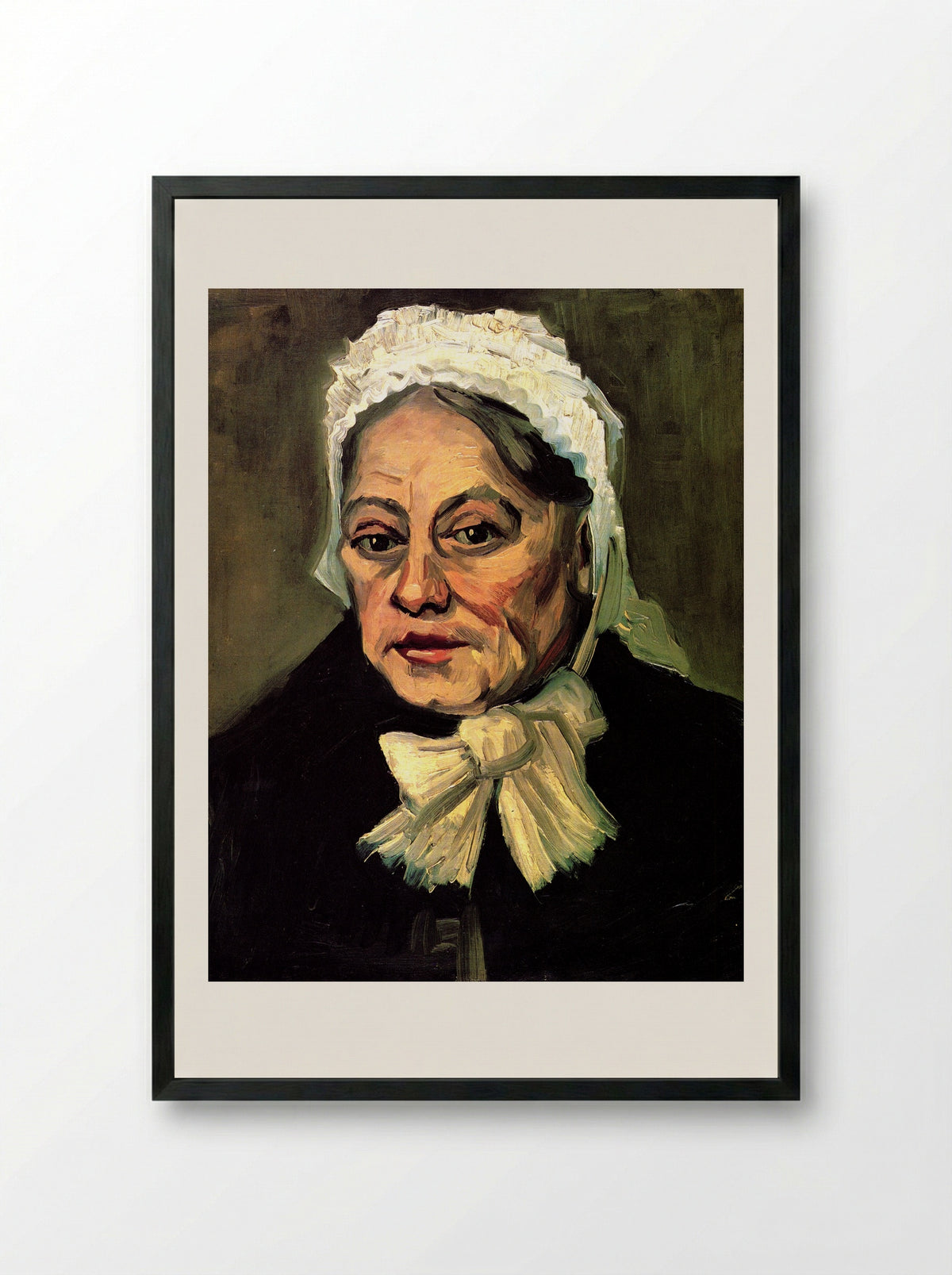 Head of an Old Woman with White Cap (The Midwife) - Vincent van Gogh - Framed Print Black