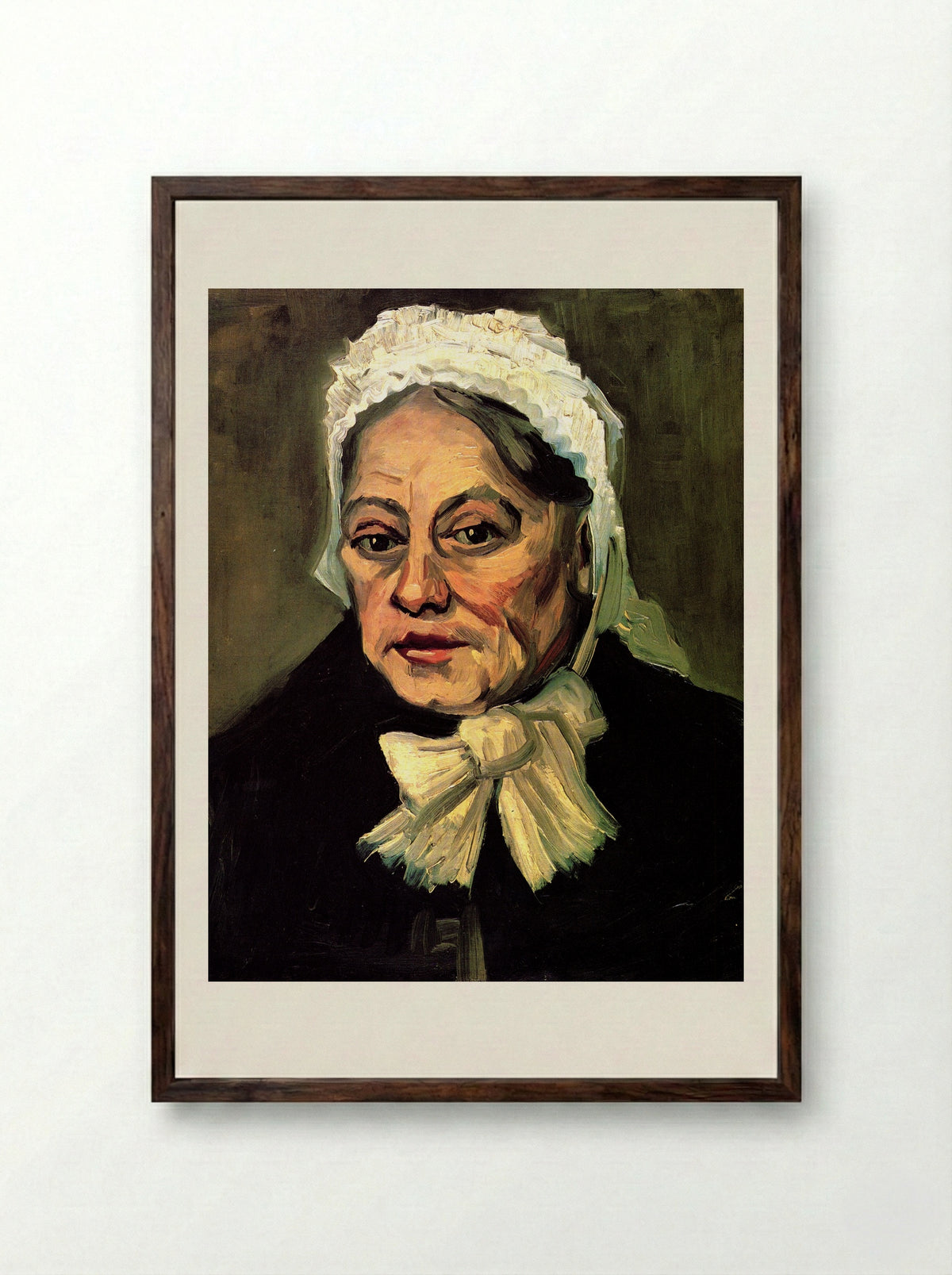 Head of an Old Woman with White Cap (The Midwife) - Vincent van Gogh - Framed Print Dark Wood