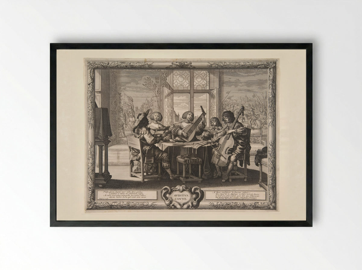 Hearing (from The Five Senses) - Abraham Bosse - Framed Print Black