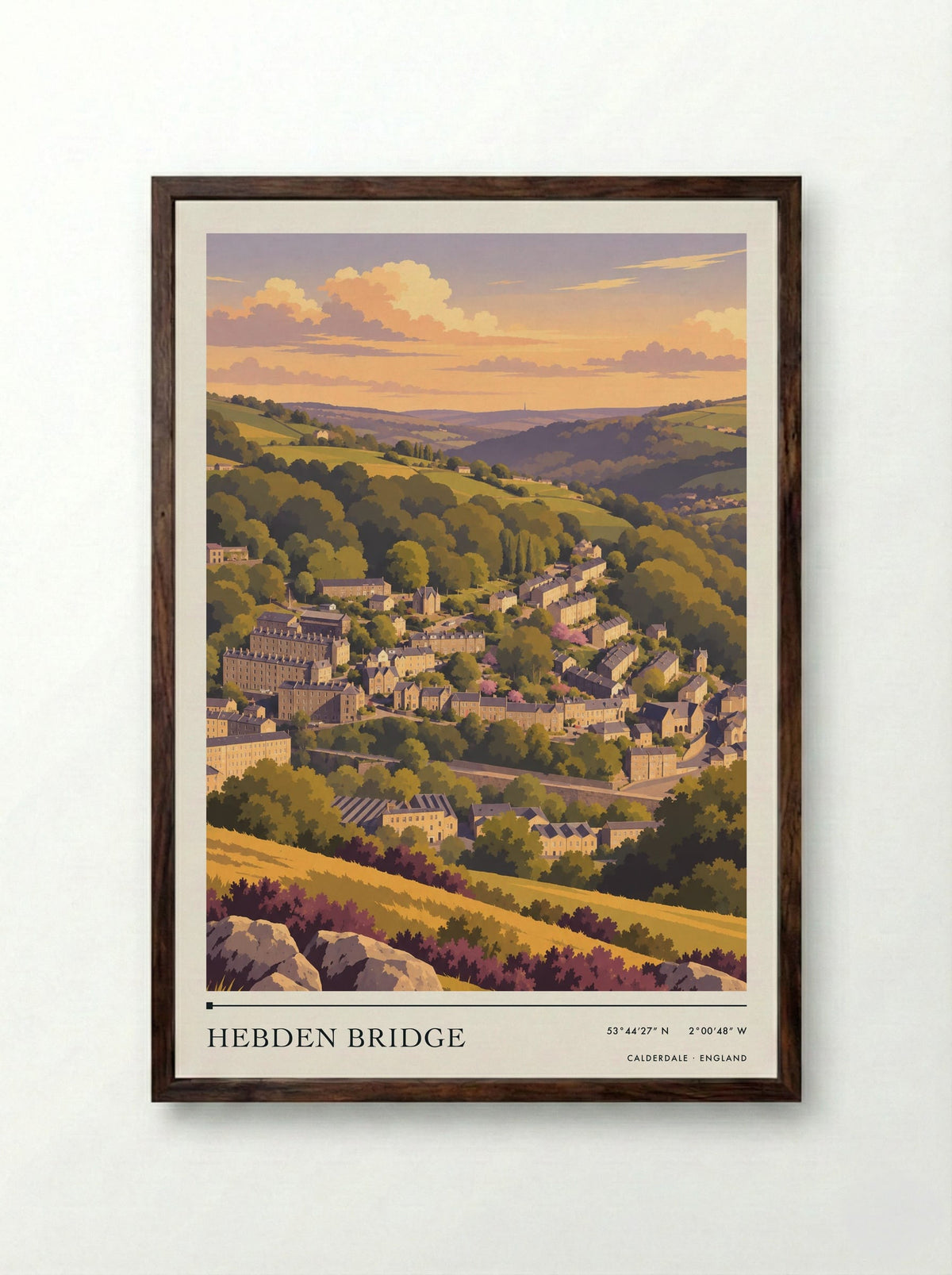 Hebden Bridge, Calderdale | Travel Poster - Framed Print Dark Wood