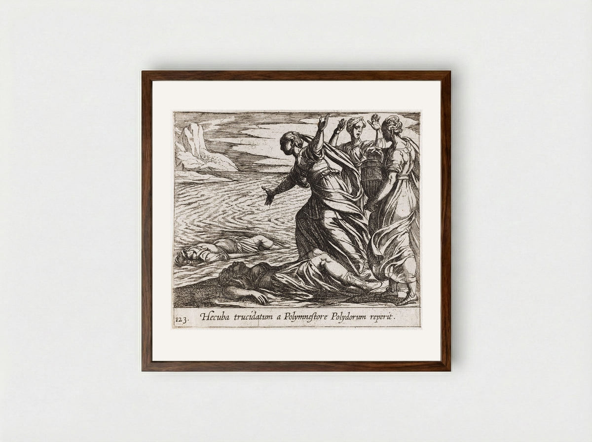 Hecuba Discovering Polydorus's Body - Antonio Tempesta - Framed Print Dark Wood